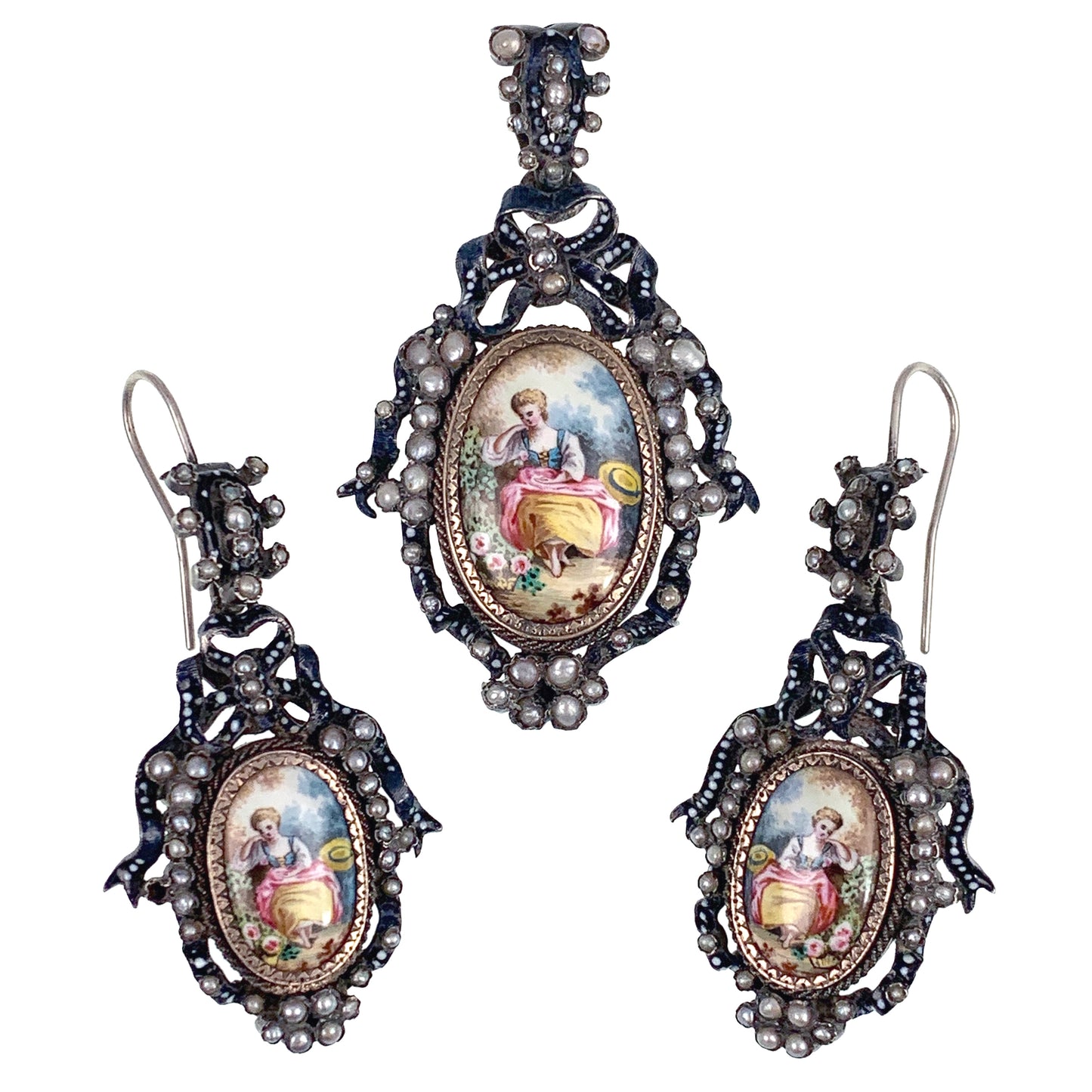 Antique Silver, Hand Painted Enamel & Seed Pearl Earrings & Pendant Set