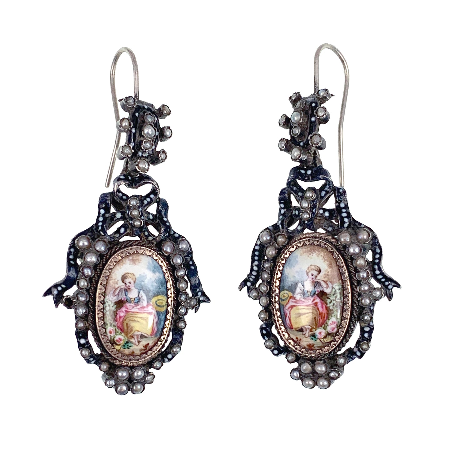 Antique Silver, Hand Painted Enamel & Seed Pearl Earrings & Pendant Set