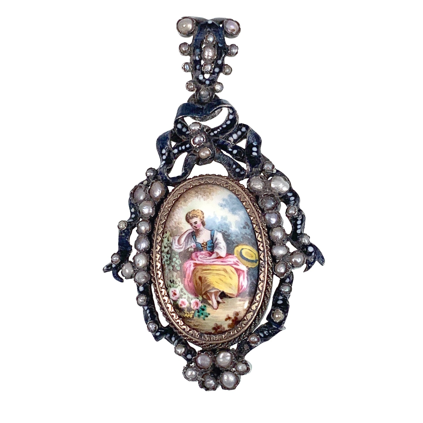 Antique Silver, Hand Painted Enamel & Seed Pearl Earrings & Pendant Set