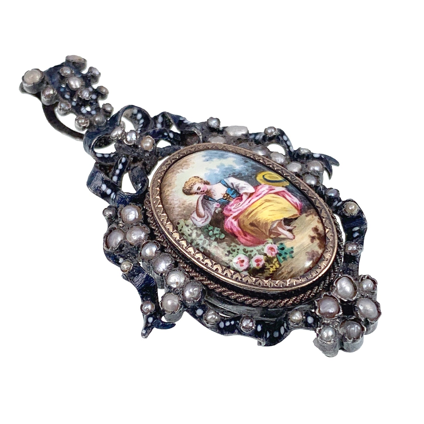 Antique Silver, Hand Painted Enamel & Seed Pearl Earrings & Pendant Set