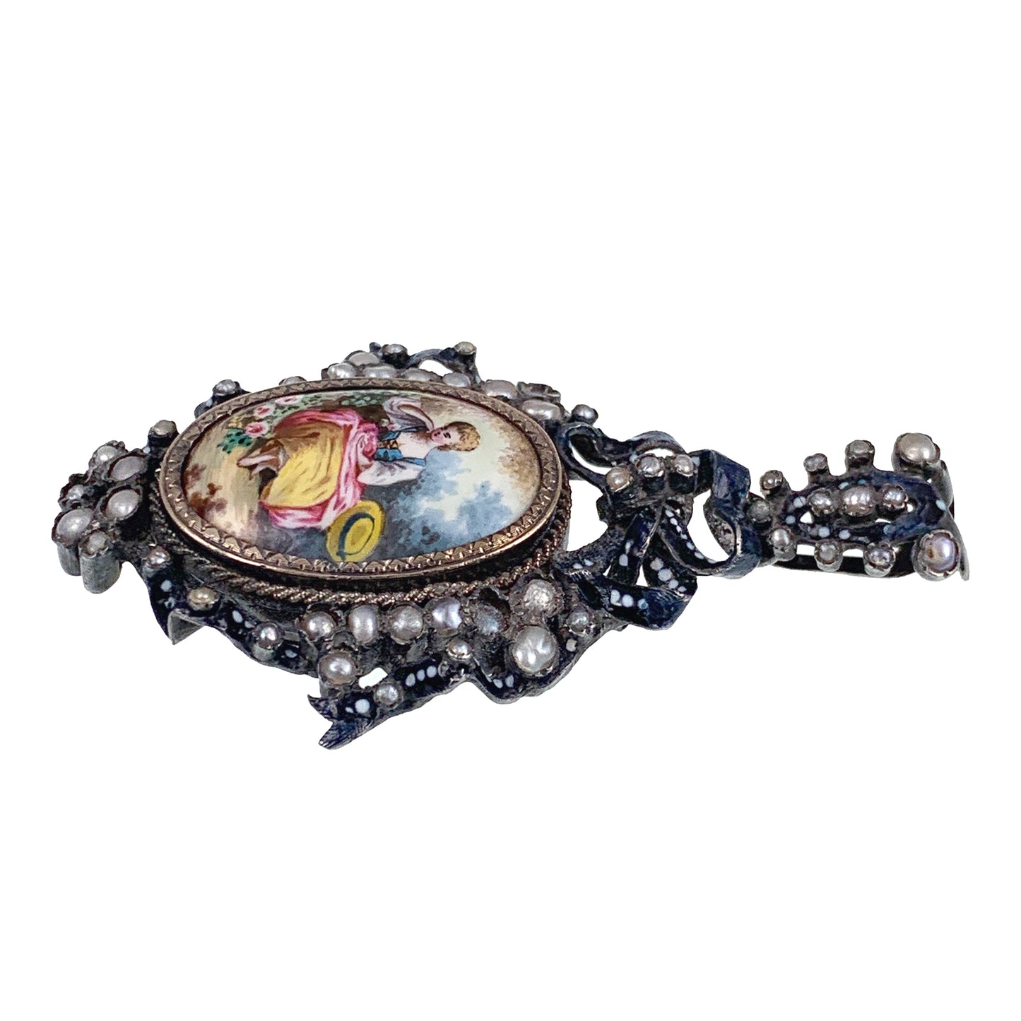Antique Silver, Hand Painted Enamel & Seed Pearl Earrings & Pendant Set