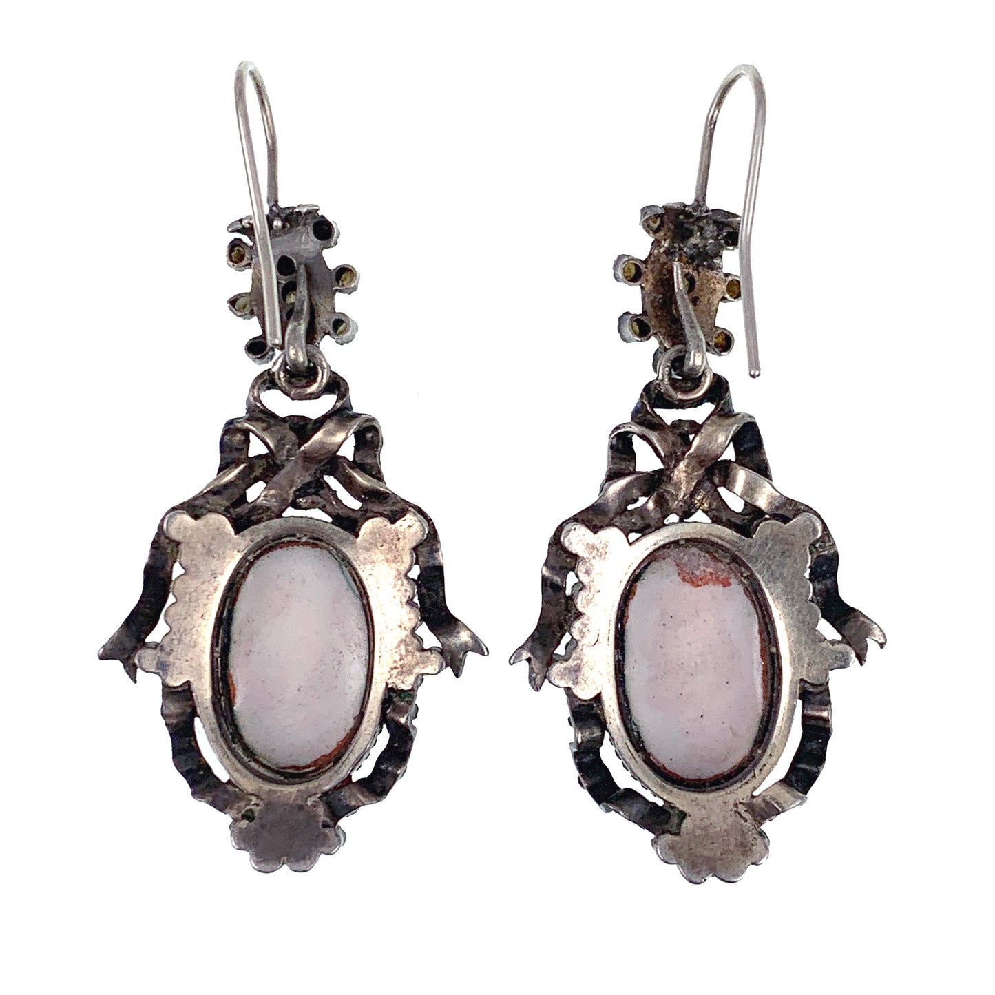 Antique Silver, Hand Painted Enamel & Seed Pearl Earrings & Pendant Set