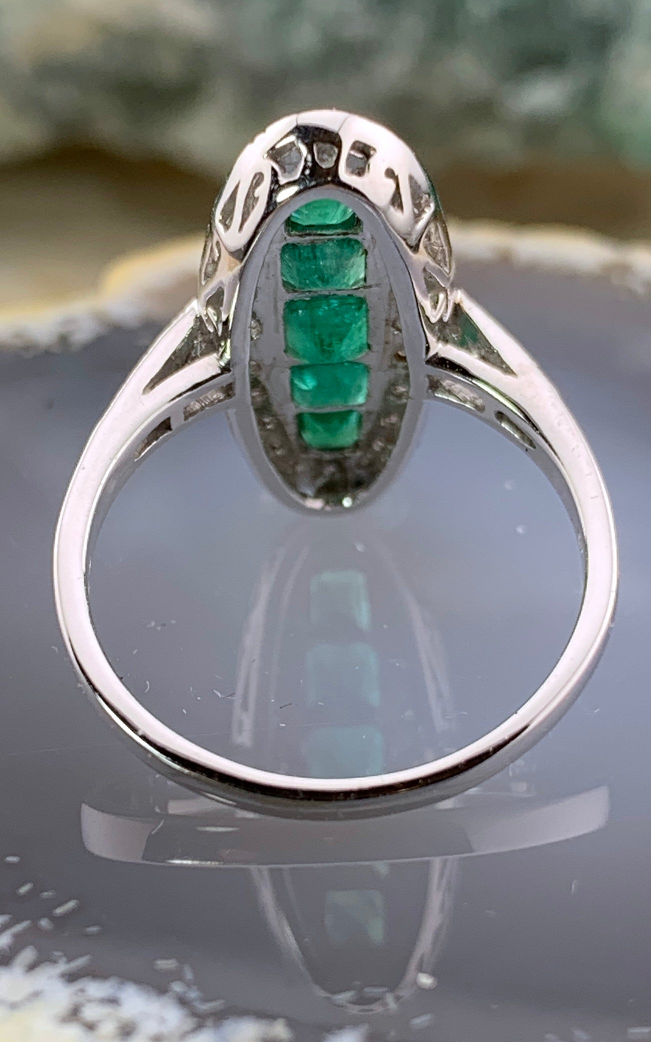 Vintage English Art Deco 18K, Diamond & Emerald Navette Ring