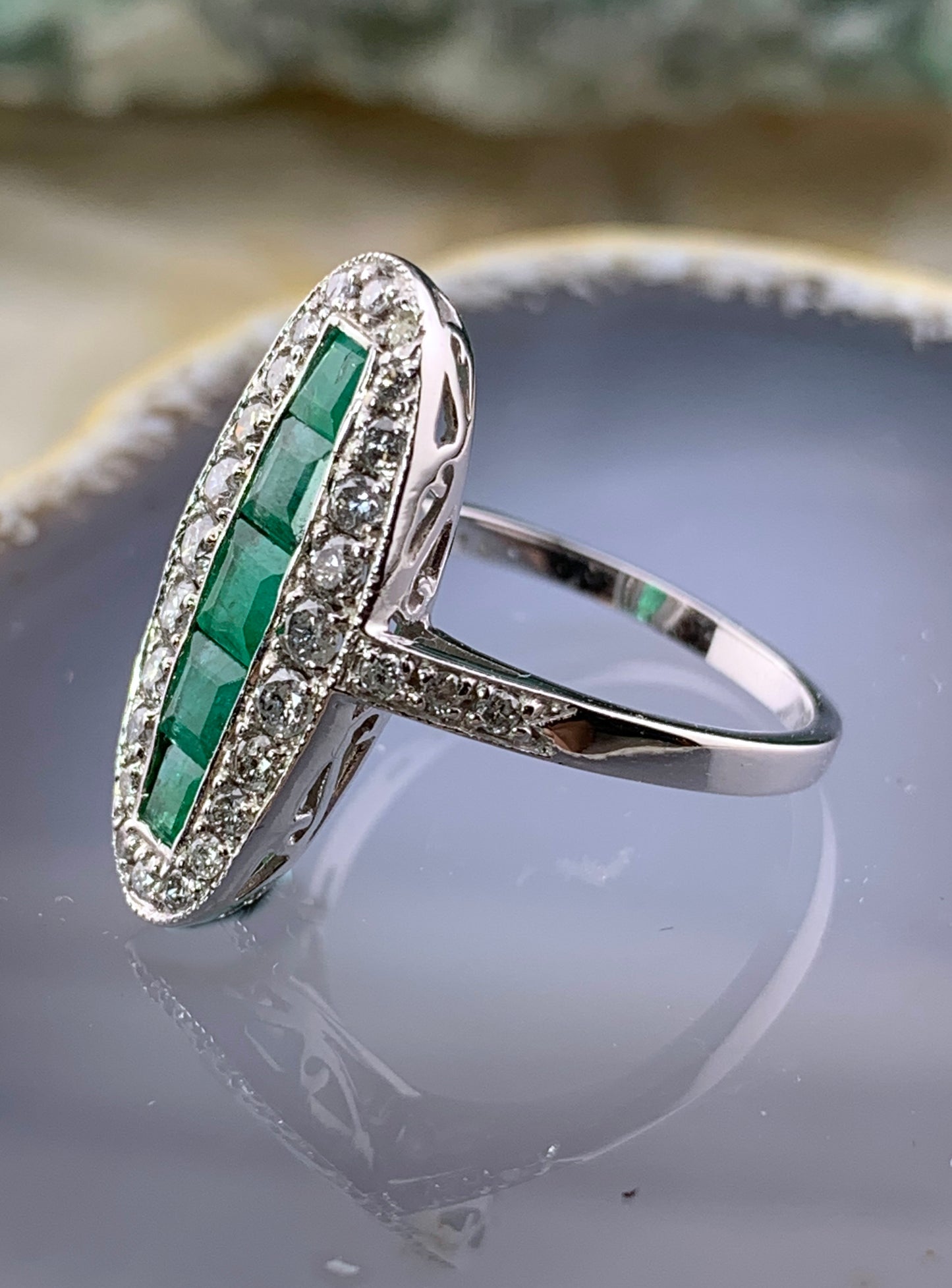 Vintage English Art Deco 18K, Diamond & Emerald Navette Ring
