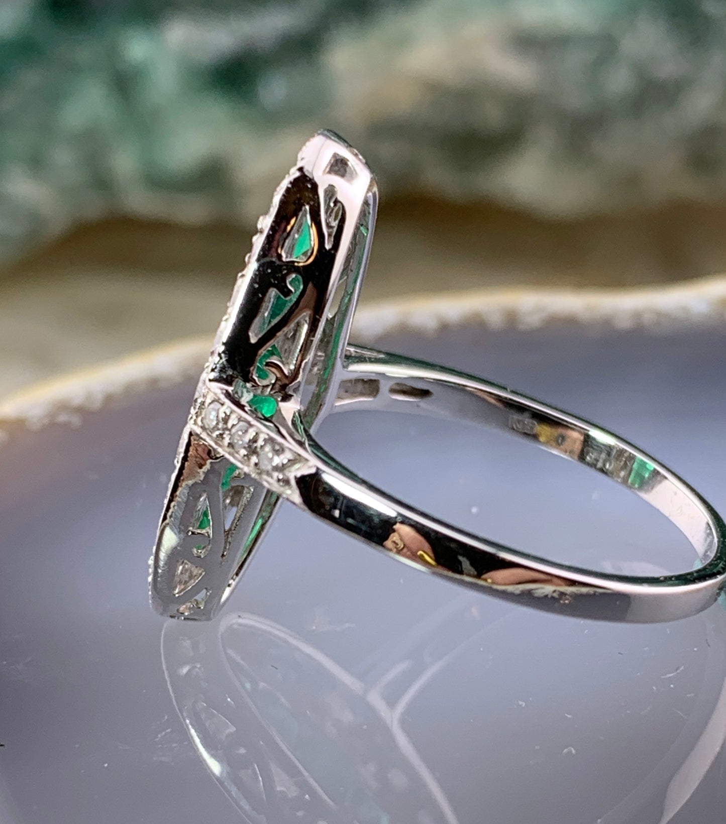 Vintage English Art Deco 18K, Diamond & Emerald Navette Ring