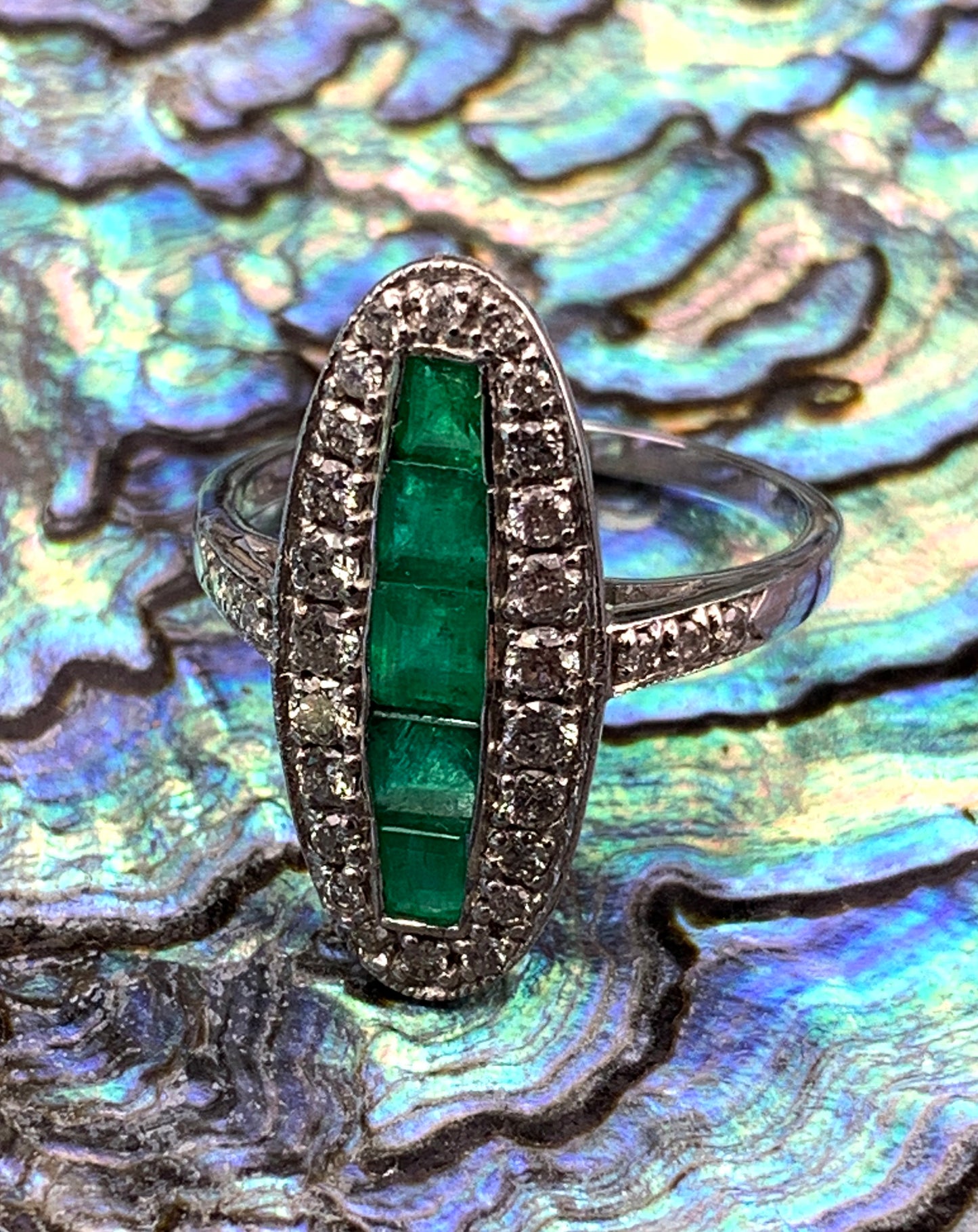 Vintage English Art Deco 18K, Diamond & Emerald Navette Ring