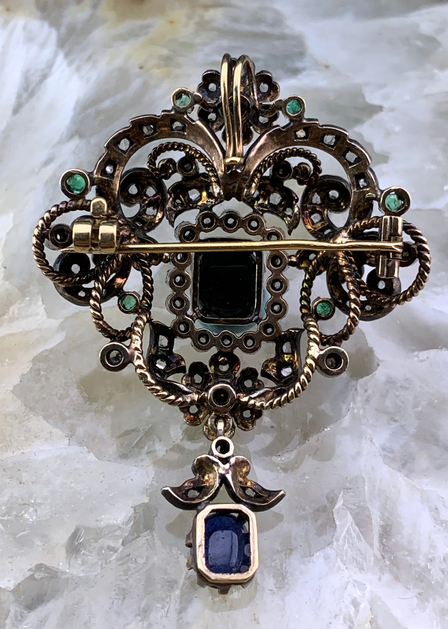 Antique 14K, Silver, Diamond, Sapphire & Emerald Brooch/Pendant