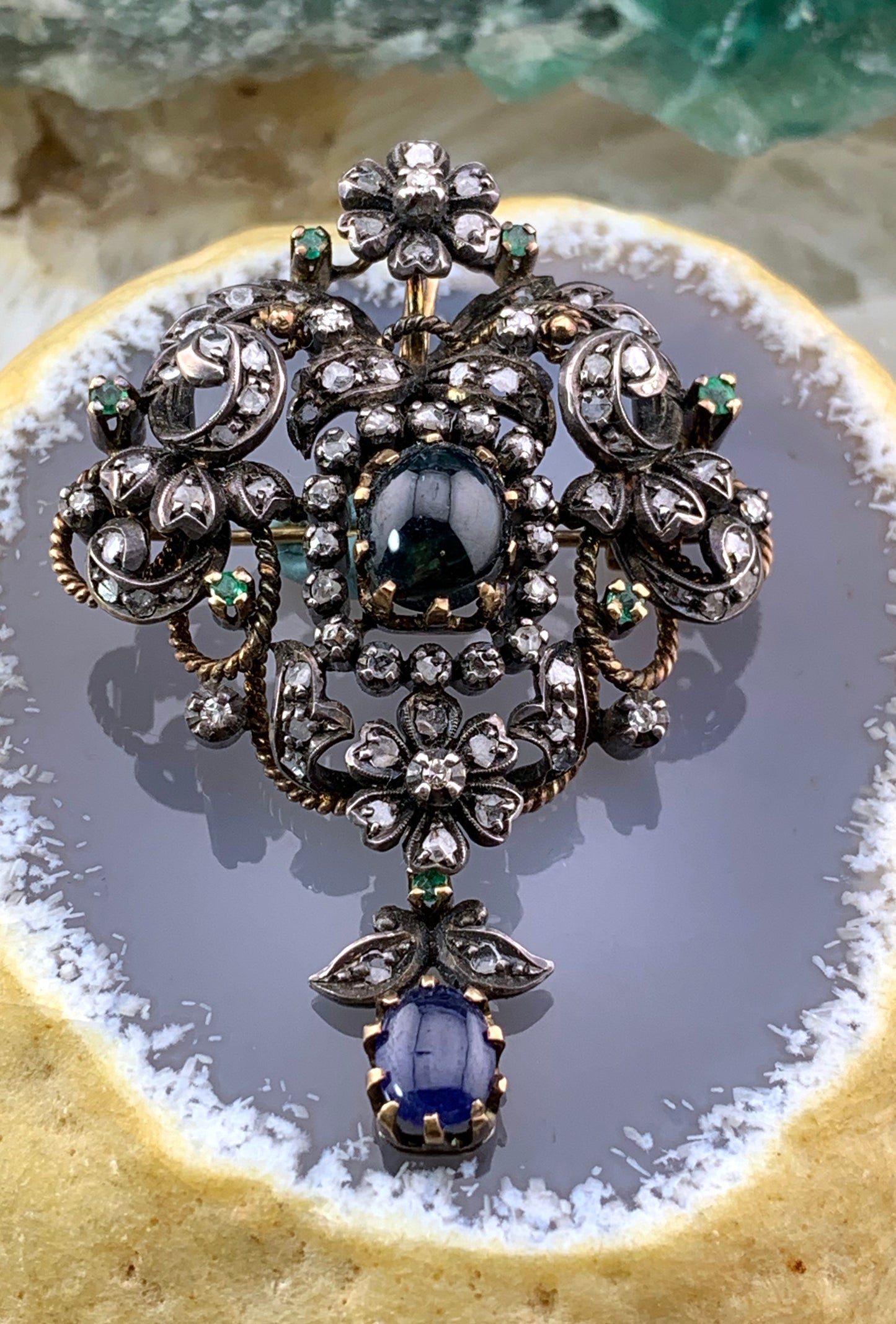 Antique 14K, Silver, Diamond, Sapphire & Emerald Brooch/Pendant
