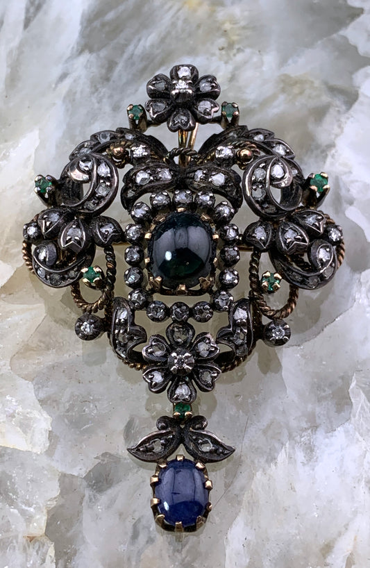 SOLD Antique 14K, Silver, Diamond, Sapphire & Emerald Brooch/Pendant