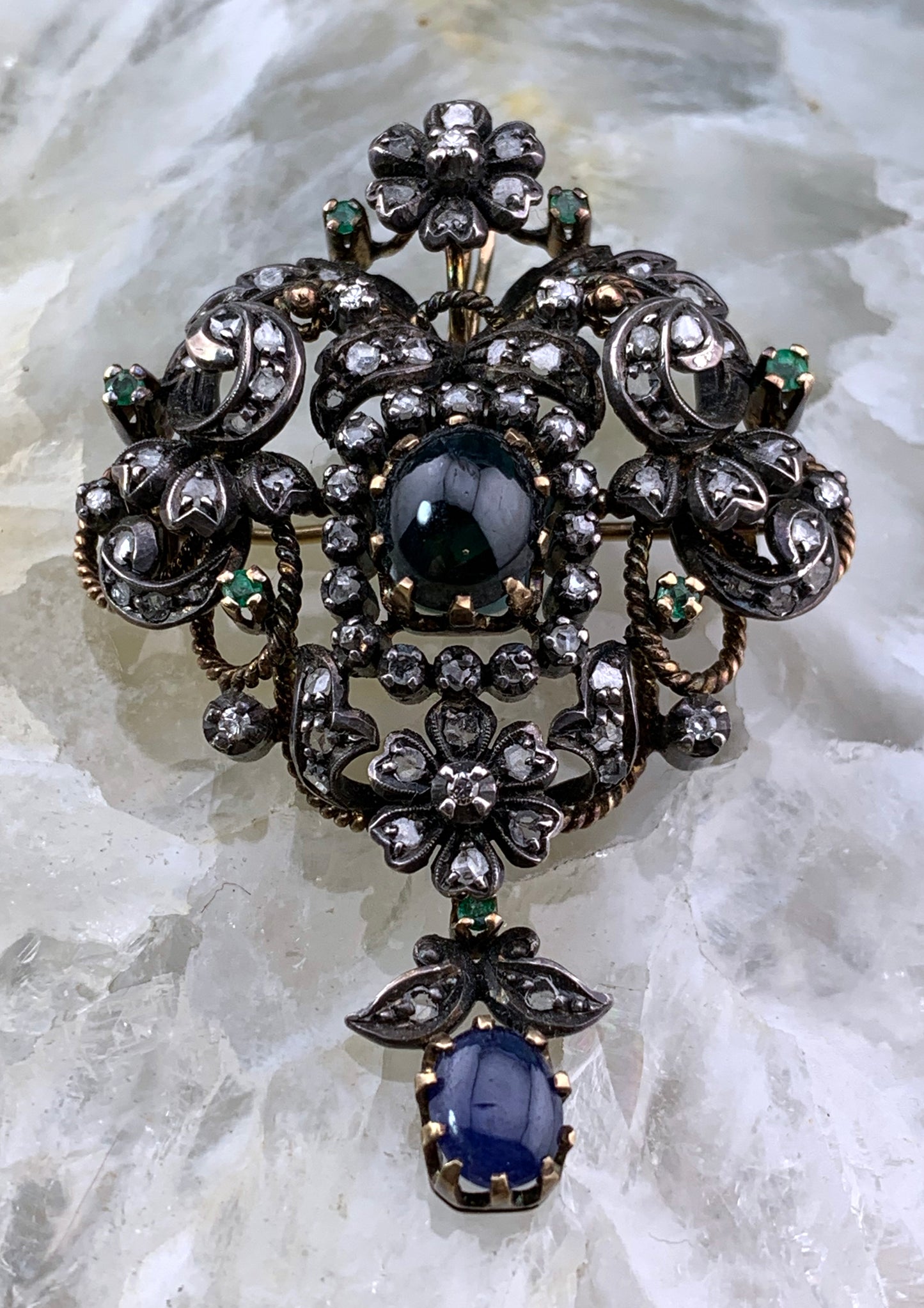 Antique 14K, Silver, Diamond, Sapphire & Emerald Brooch/Pendant