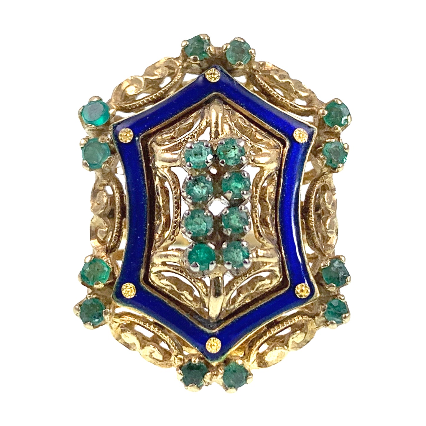 Vintage Italian 18K, Emerald & Enamel Toliro Ring