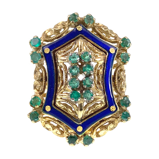 Vintage Italian 18K, Emerald & Enamel Toliro Ring