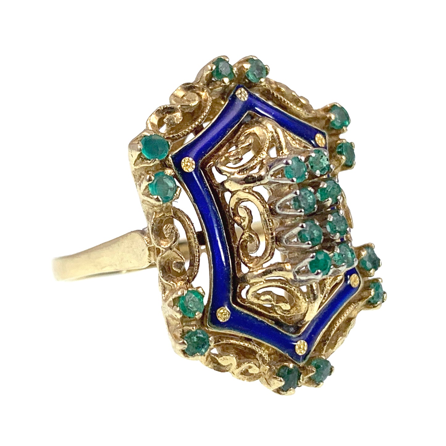 Vintage Italian 18K, Emerald & Enamel Toliro Ring
