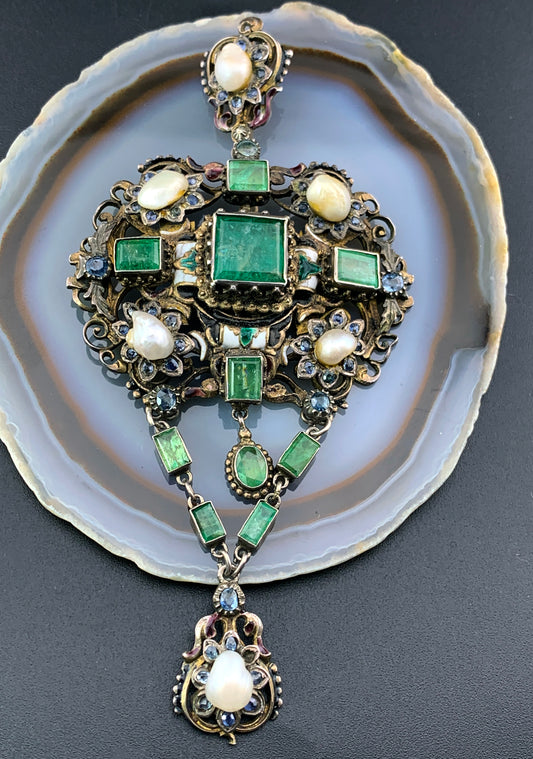 Sold Antique Austro-Hungarian Silver, Emerald, Sapphire & Pearl Pendant