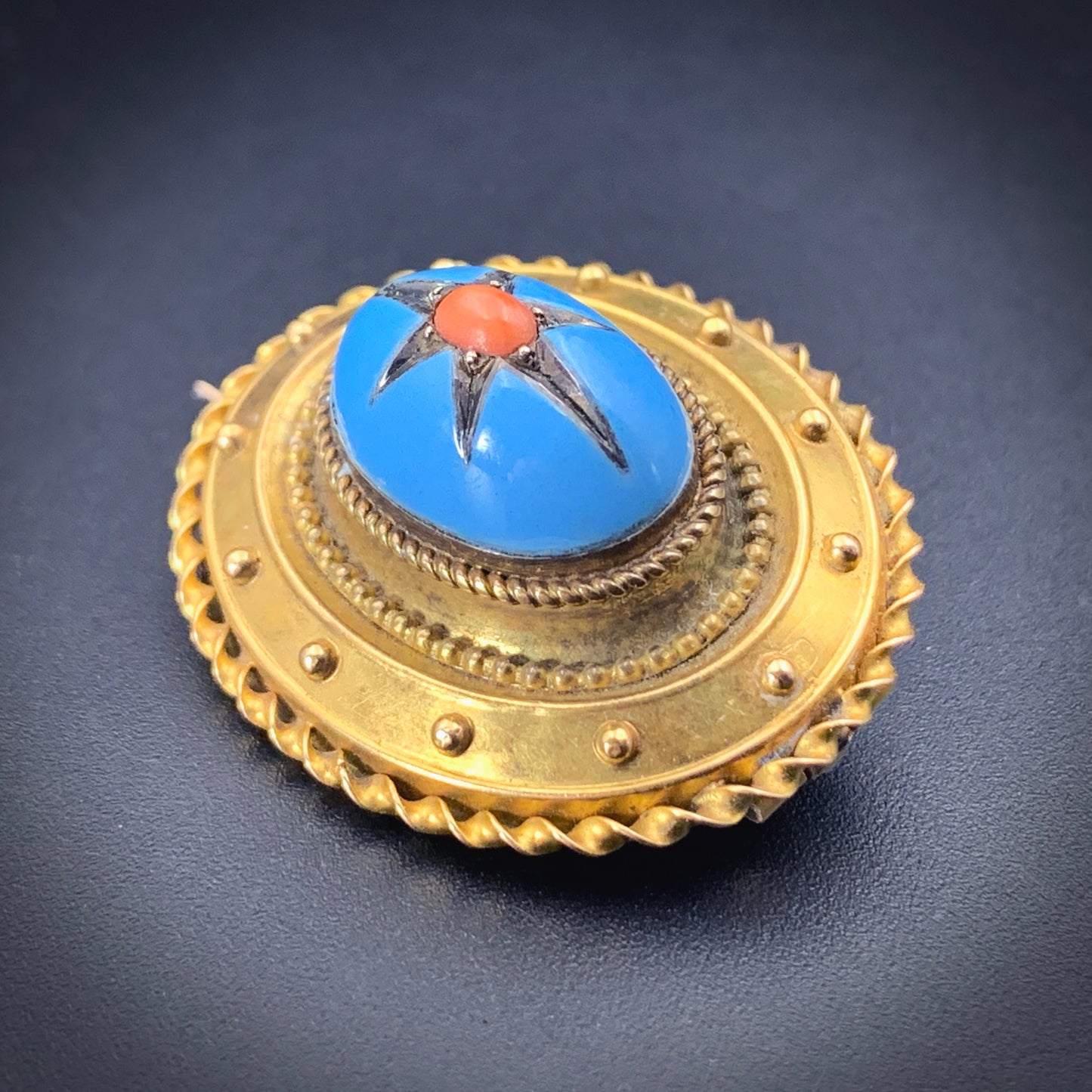 Antique Victorian 12K, Coral & Enamel Etruscan Revival Brooch