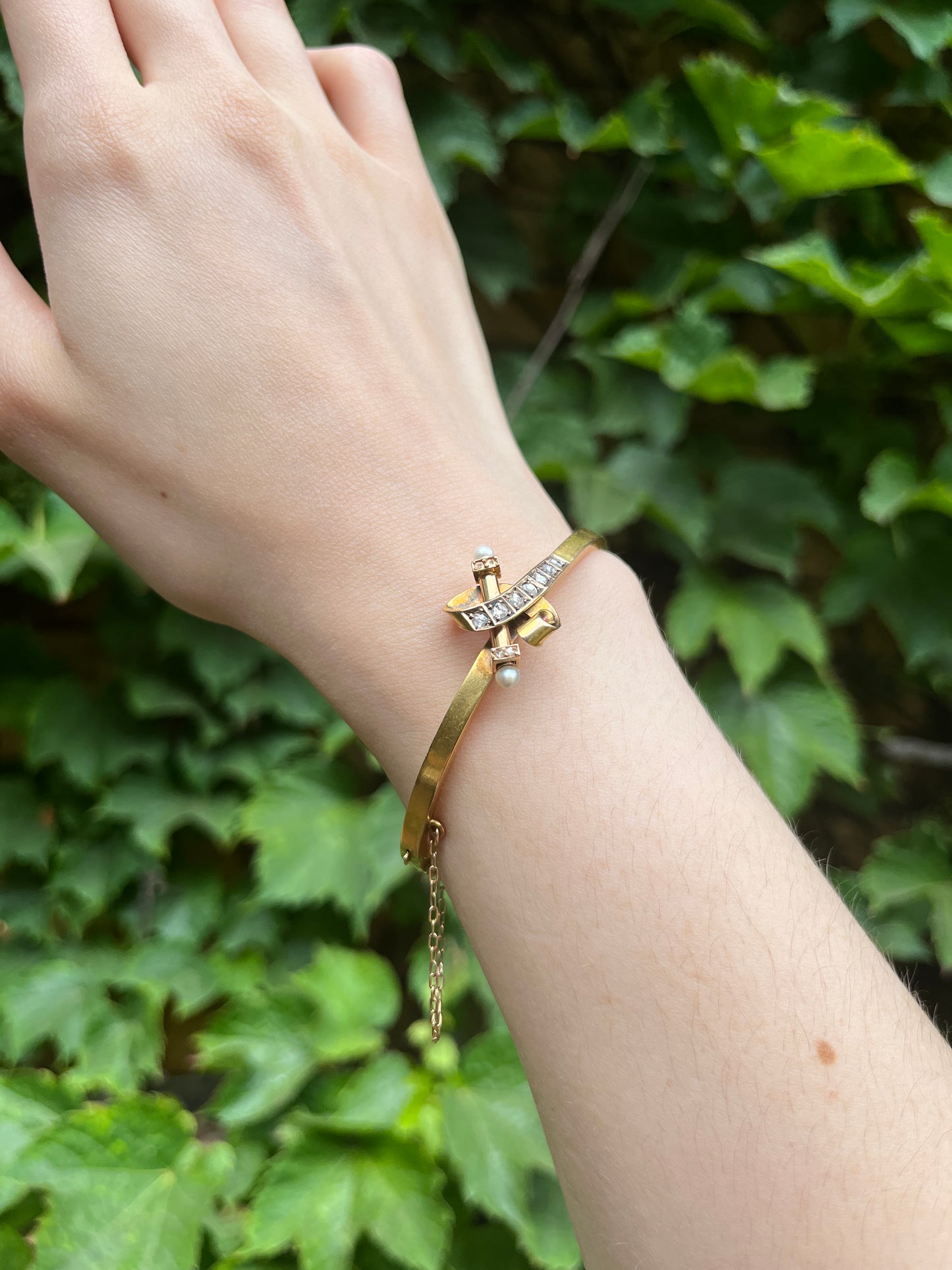 Antique 18K, Diamond & Pearl Bangle Bracelet