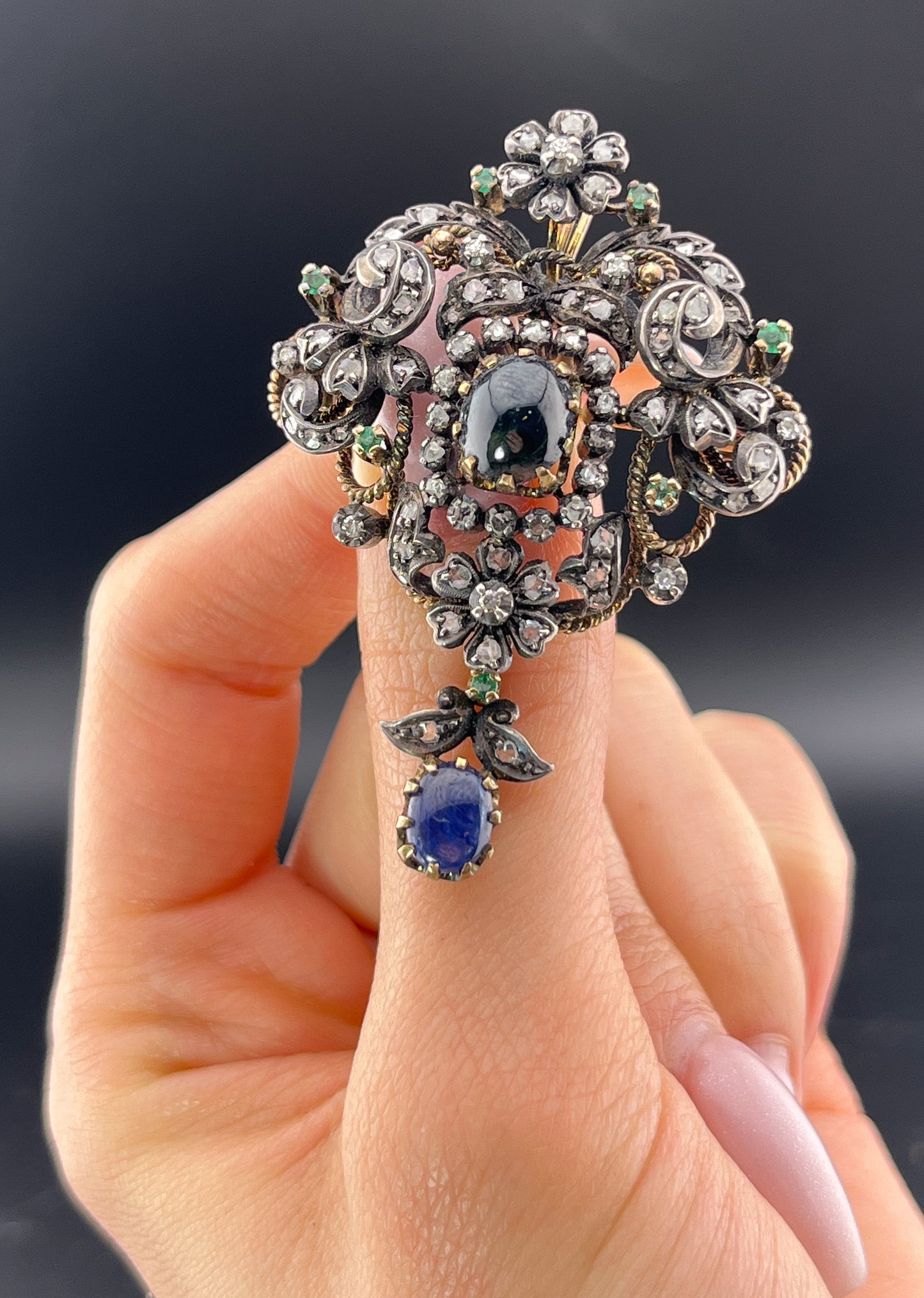 Antique 14K, Silver, Diamond, Sapphire & Emerald Brooch/Pendant