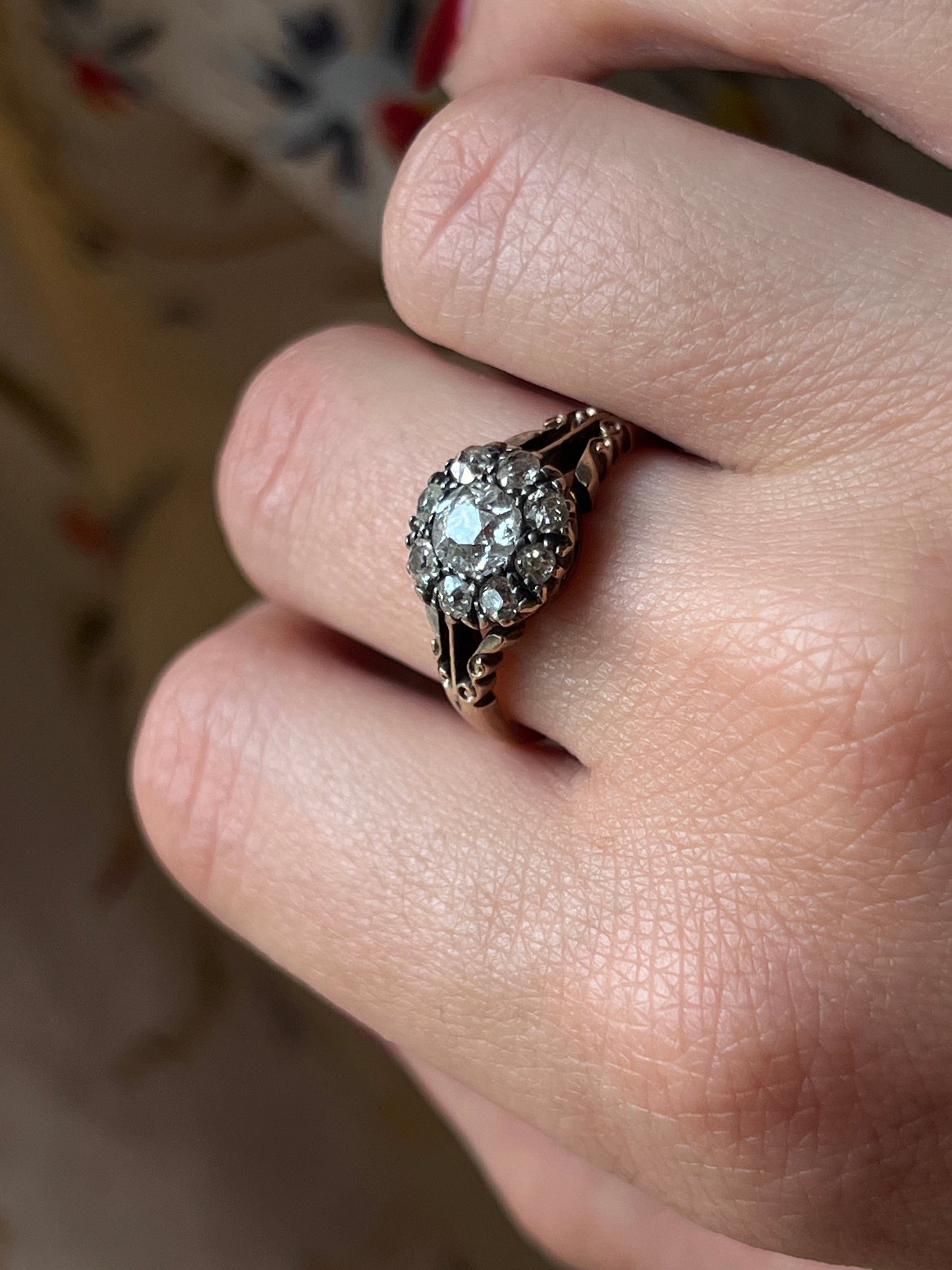SOLD Vintage English Georgian Revival 18K & Diamond Daisy Ring