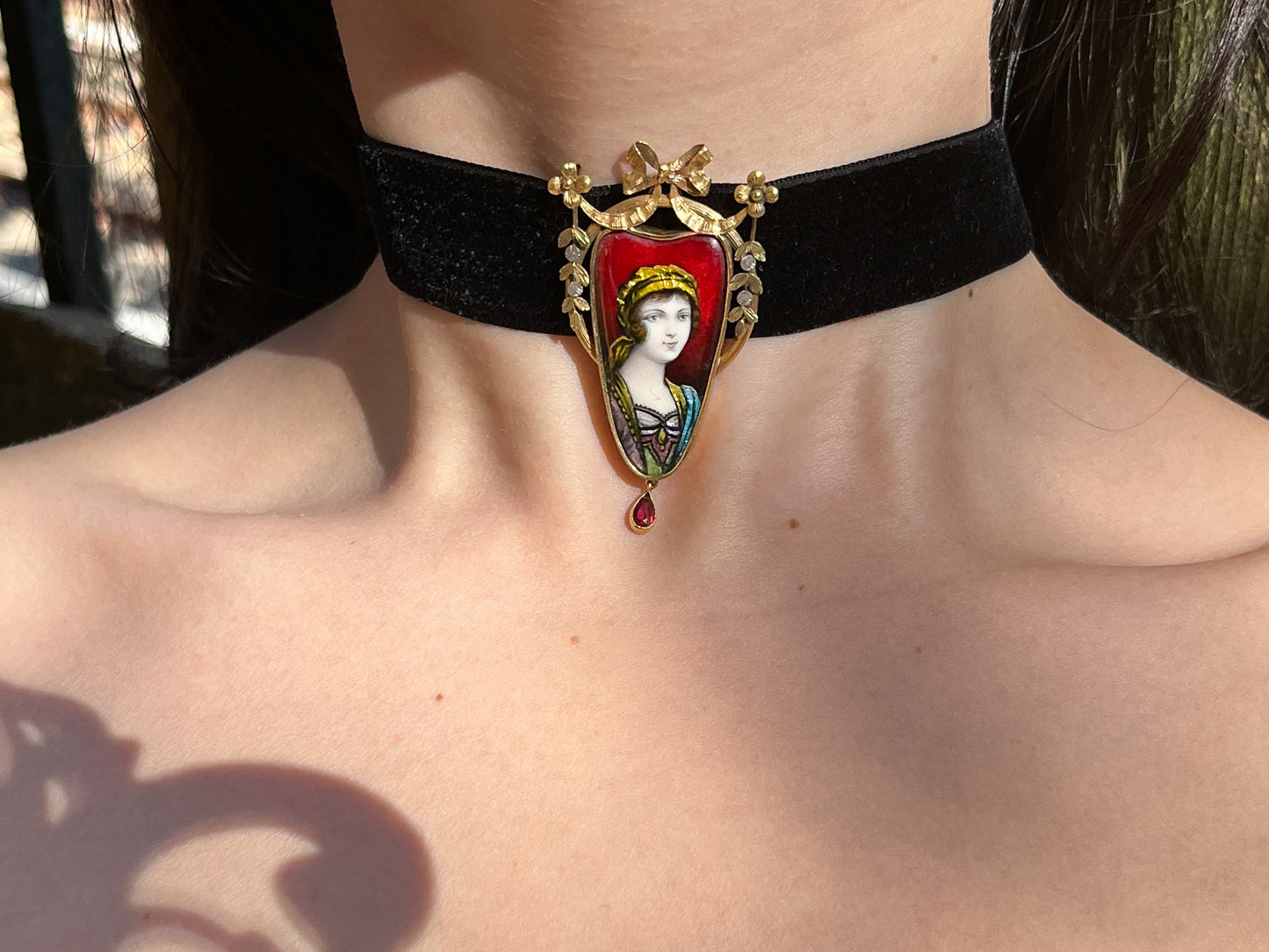 Antique French 18K, Enamel & Garnet Limoges Pendant