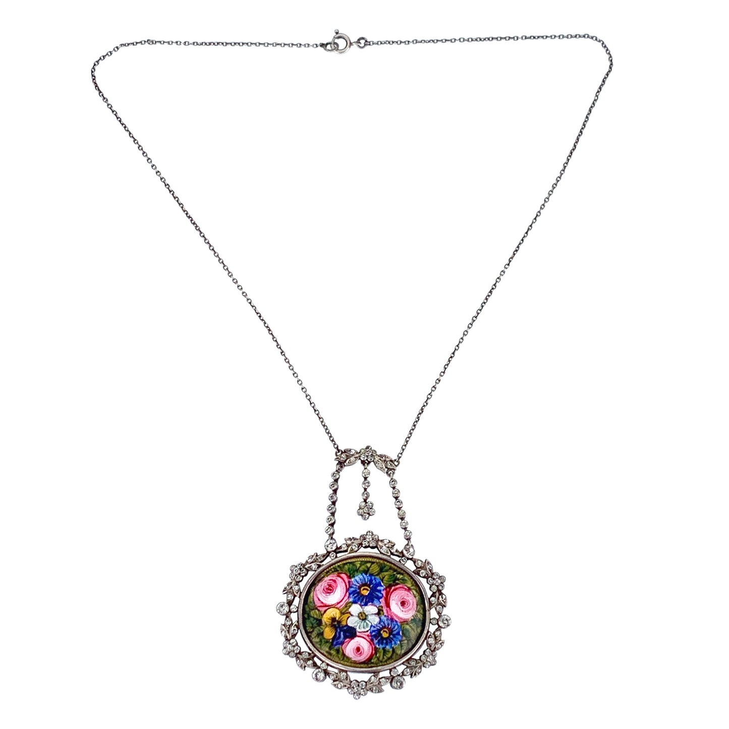 Antique Silver, Hand Painted Enamel & Paste Diamond Floral Necklace