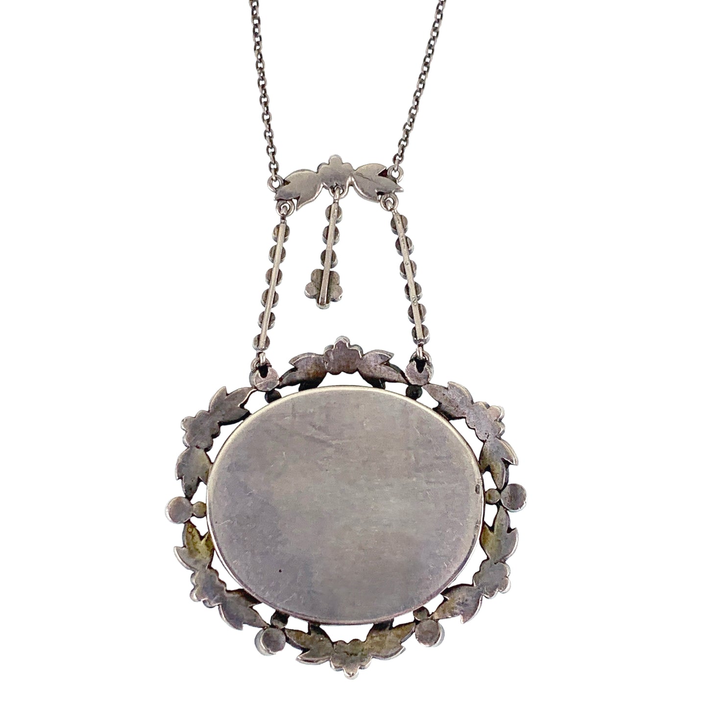 Antique Silver, Hand Painted Enamel & Paste Diamond Floral Necklace