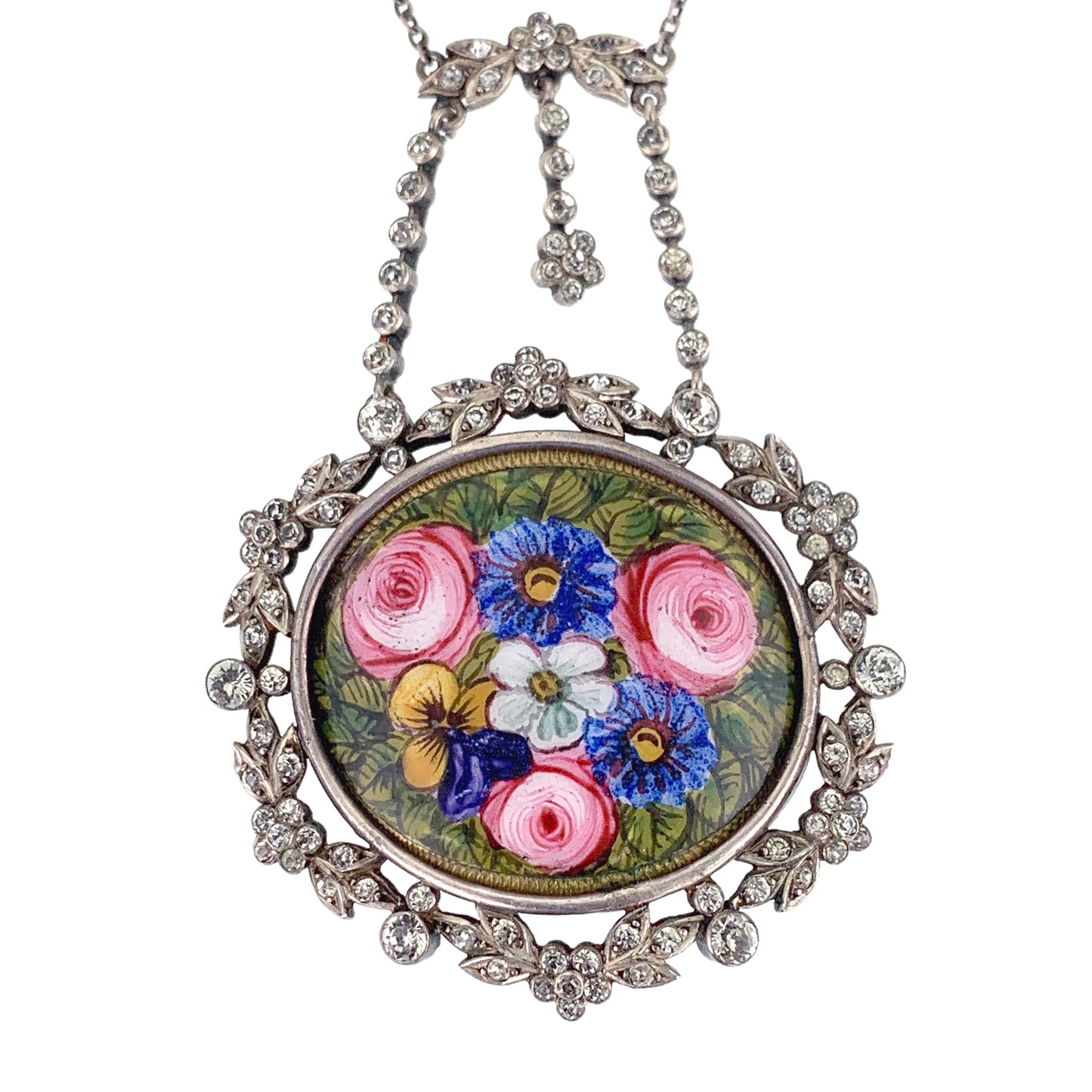 Antique Silver, Hand Painted Enamel & Paste Diamond Floral Necklace