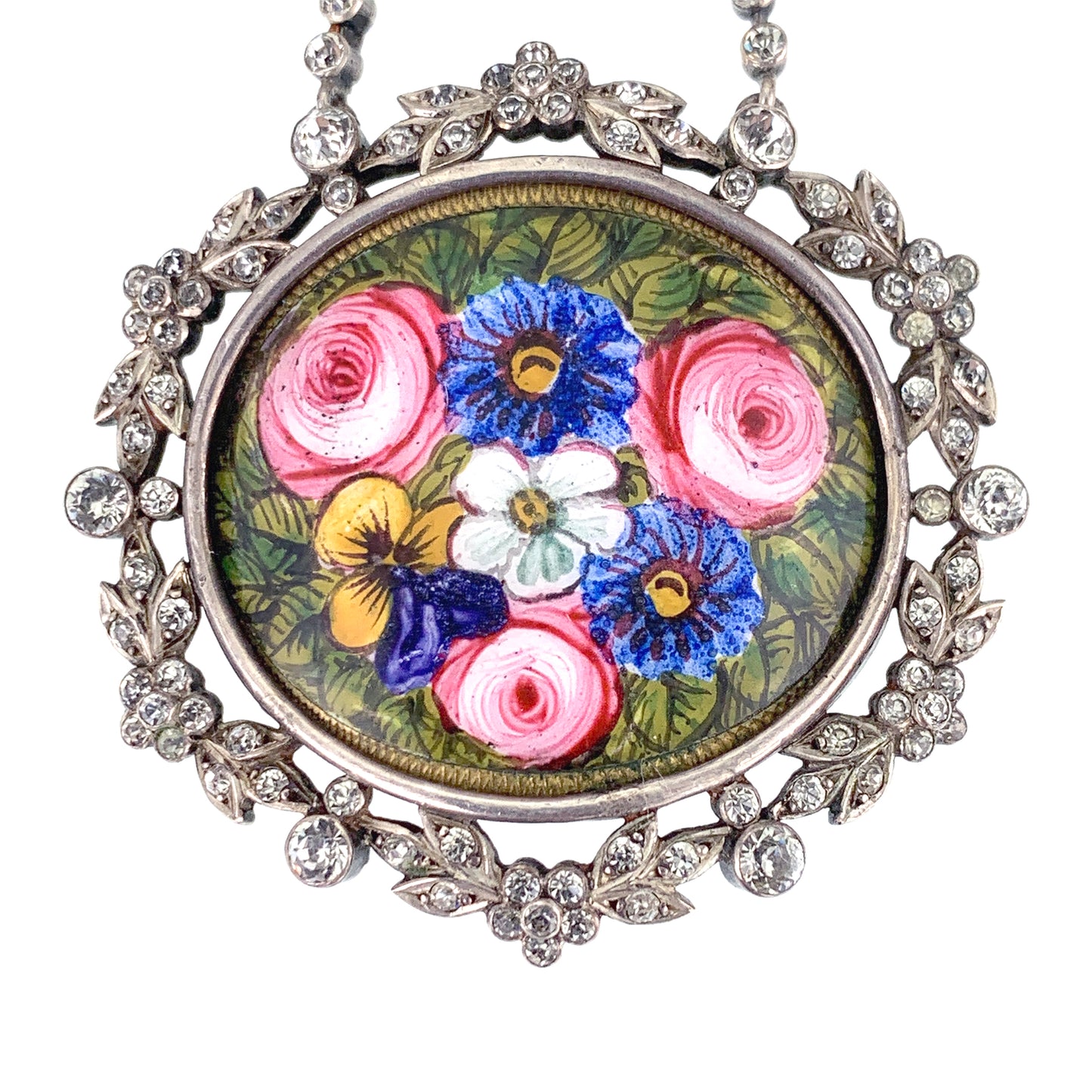 Antique Silver, Hand Painted Enamel & Paste Diamond Floral Necklace