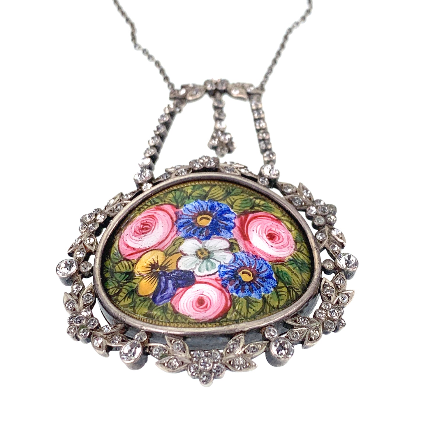 Antique Silver, Hand Painted Enamel & Paste Diamond Floral Necklace