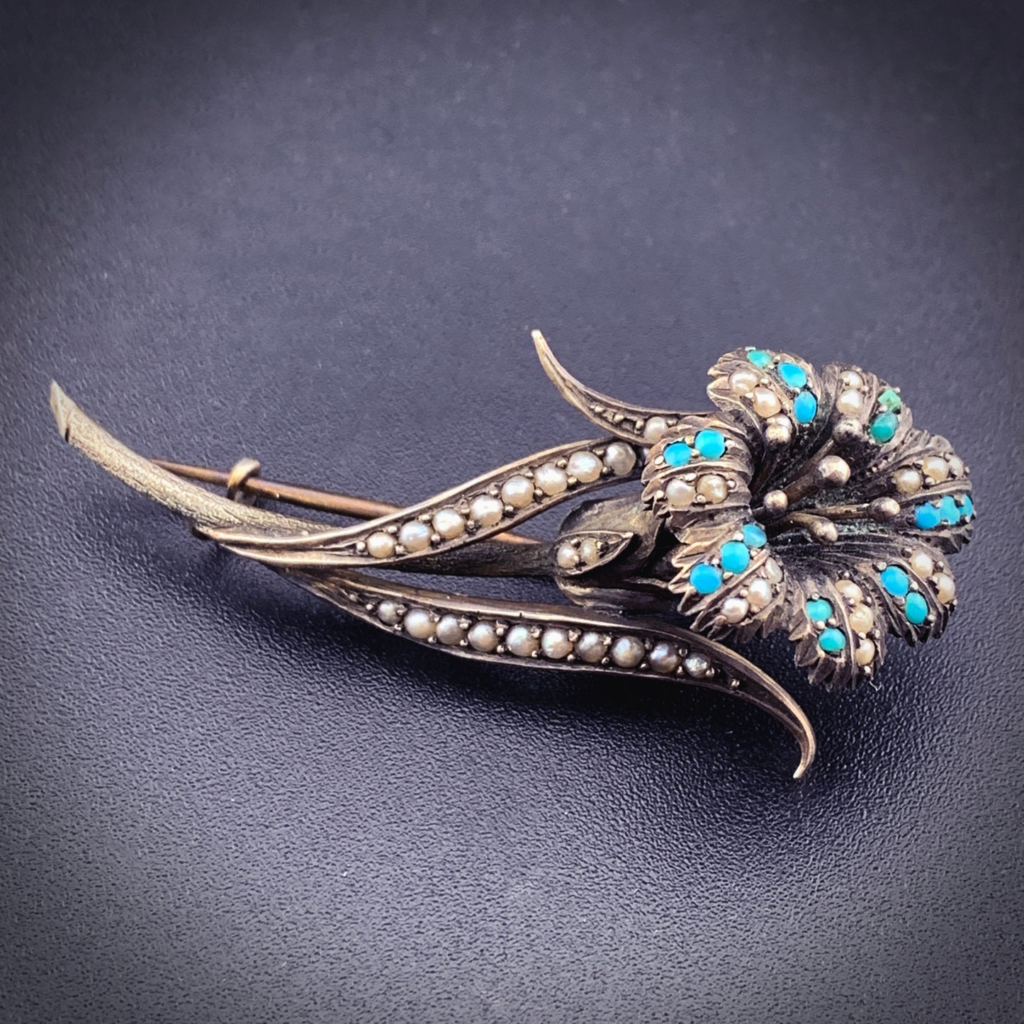 SOLD Antique Sterling Silver, Turquoise & Seed pearl Lily Brooch