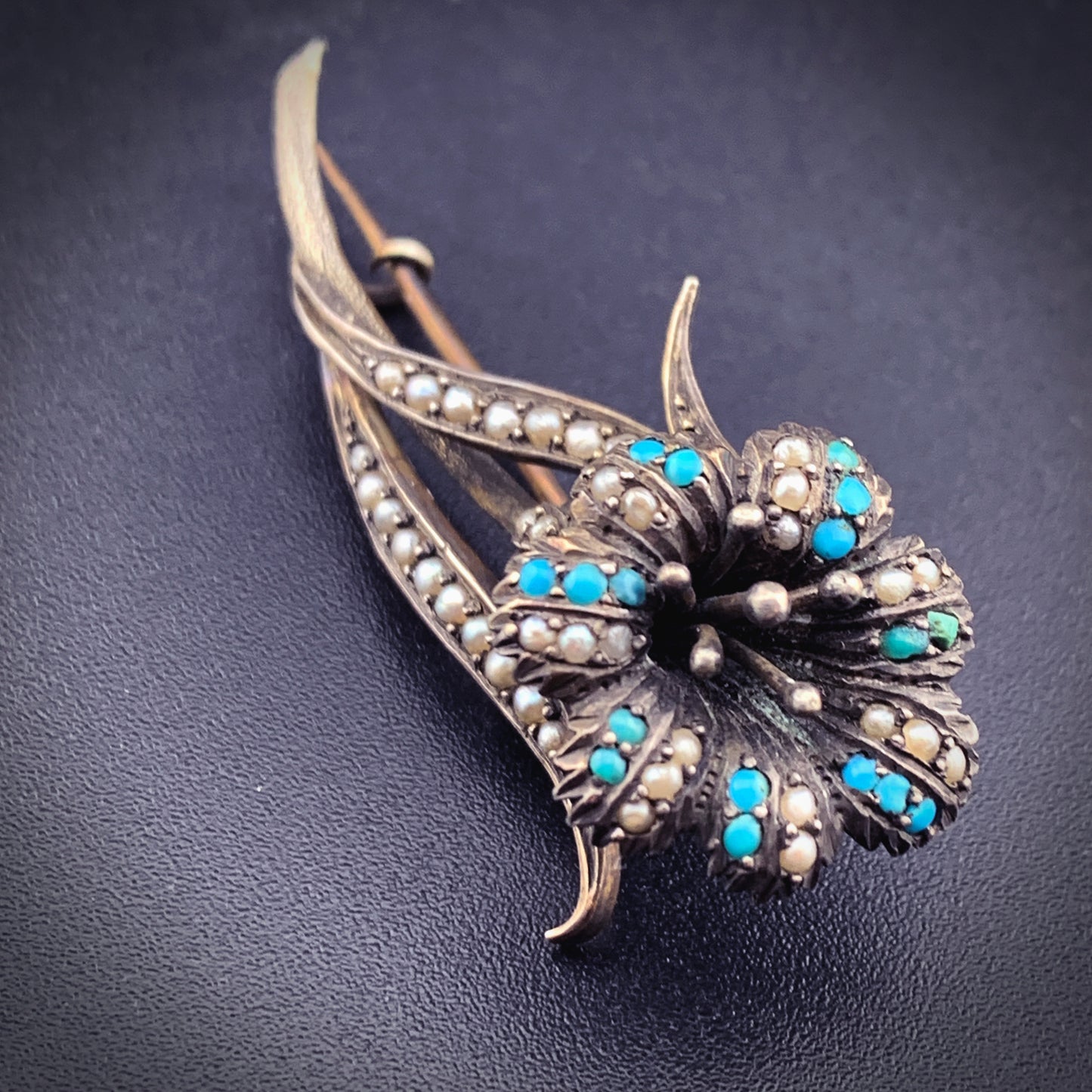 SOLD Antique Sterling Silver, Turquoise & Seed pearl Lily Brooch