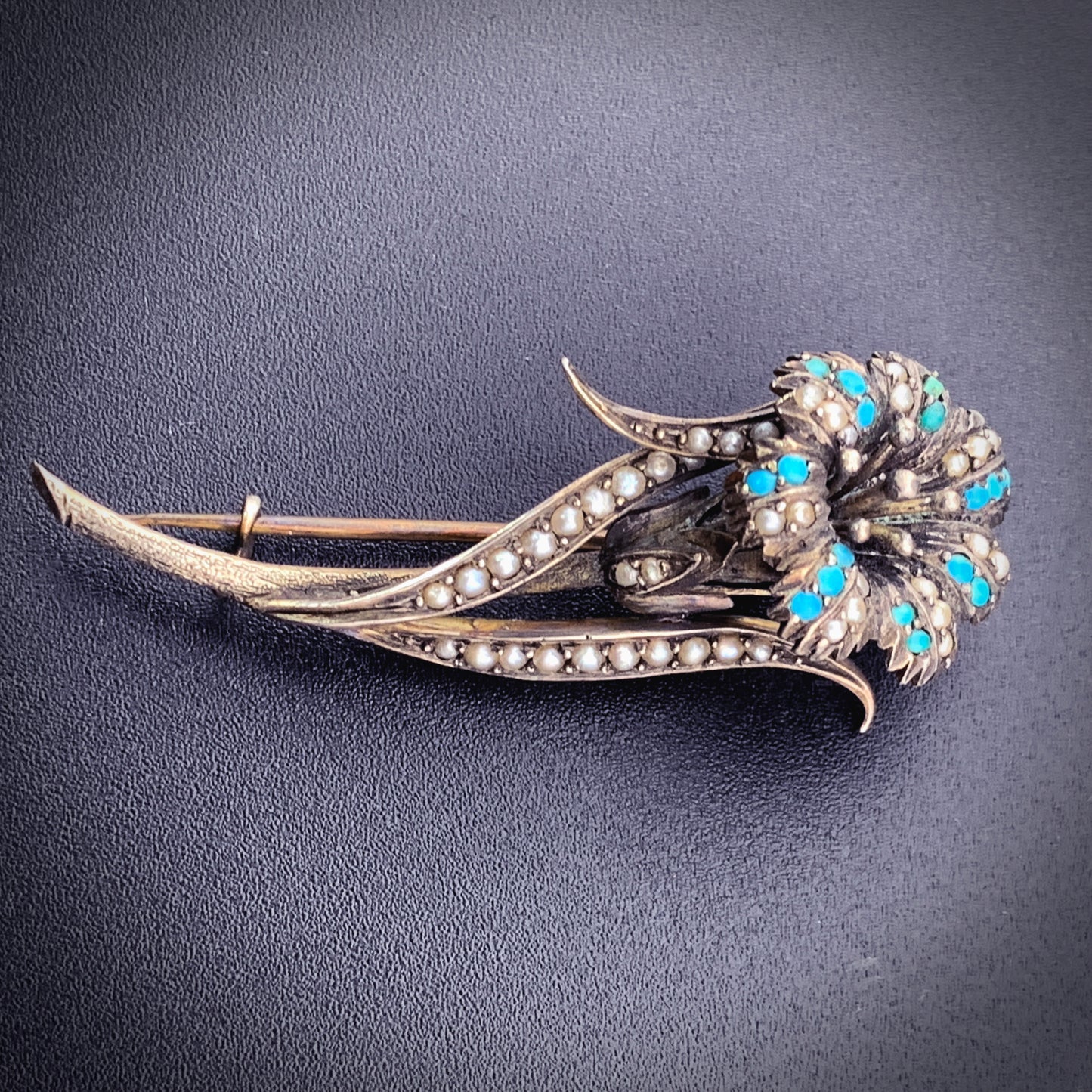 SOLD Antique Sterling Silver, Turquoise & Seed pearl Lily Brooch