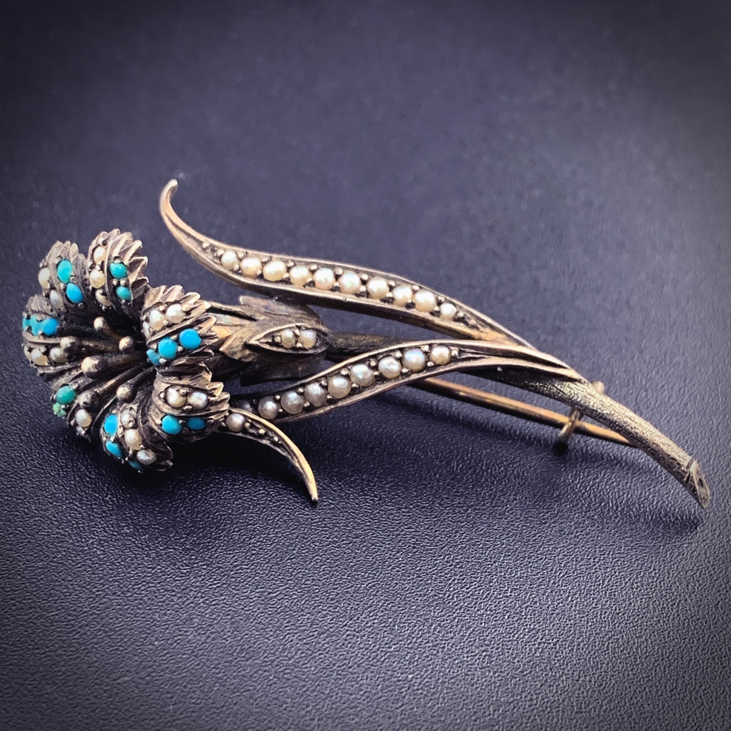 SOLD Antique Sterling Silver, Turquoise & Seed pearl Lily Brooch