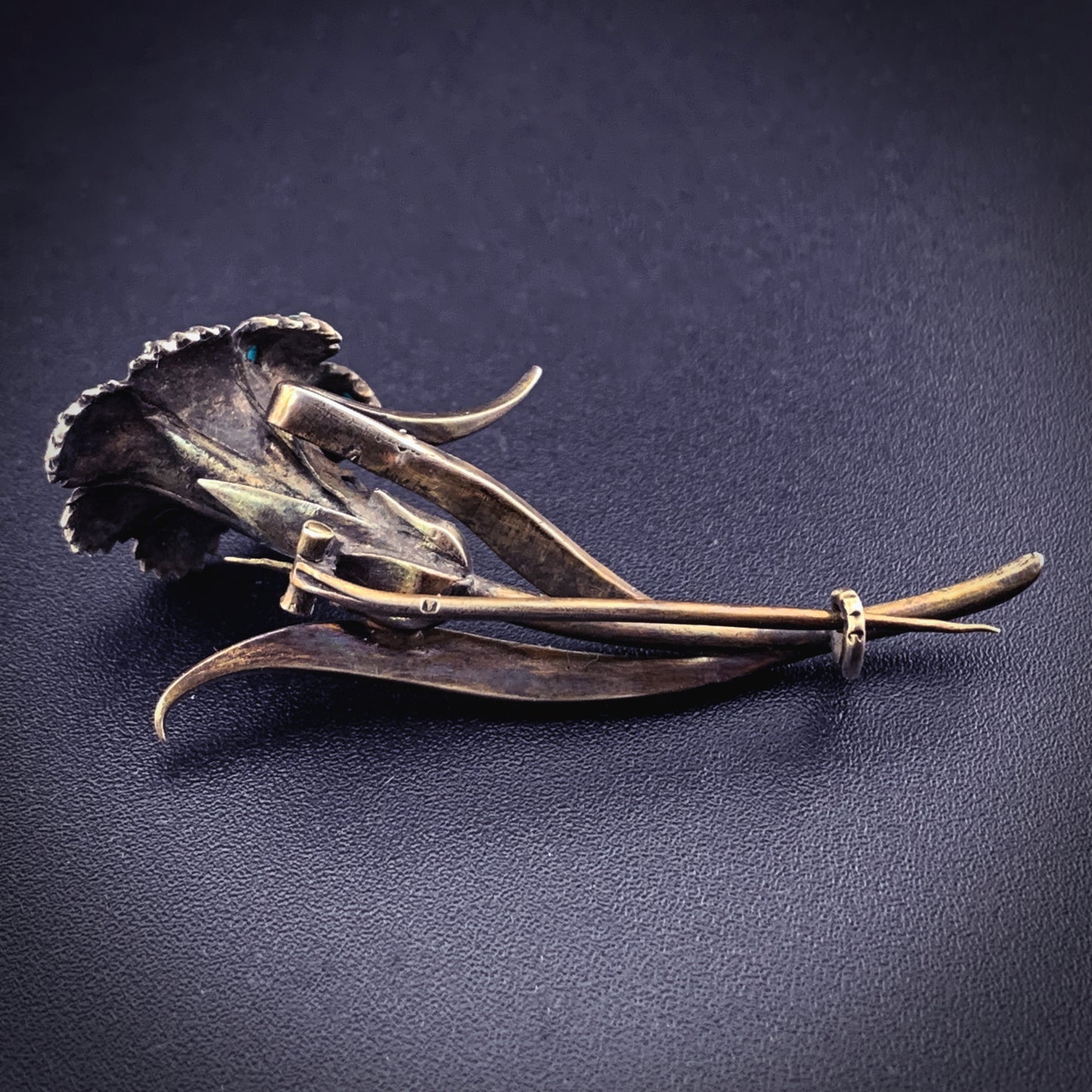 SOLD Antique Sterling Silver, Turquoise & Seed pearl Lily Brooch