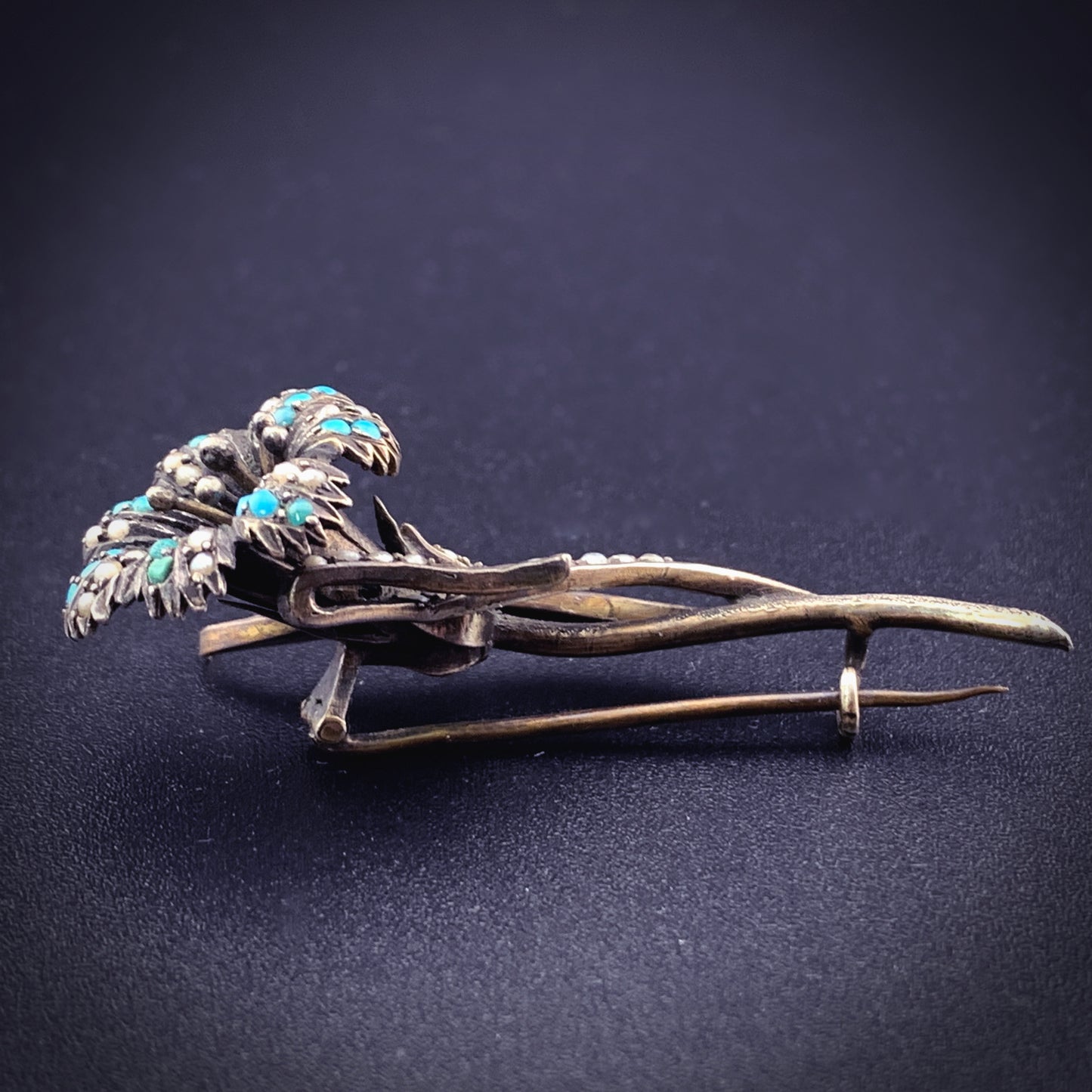 SOLD Antique Sterling Silver, Turquoise & Seed pearl Lily Brooch
