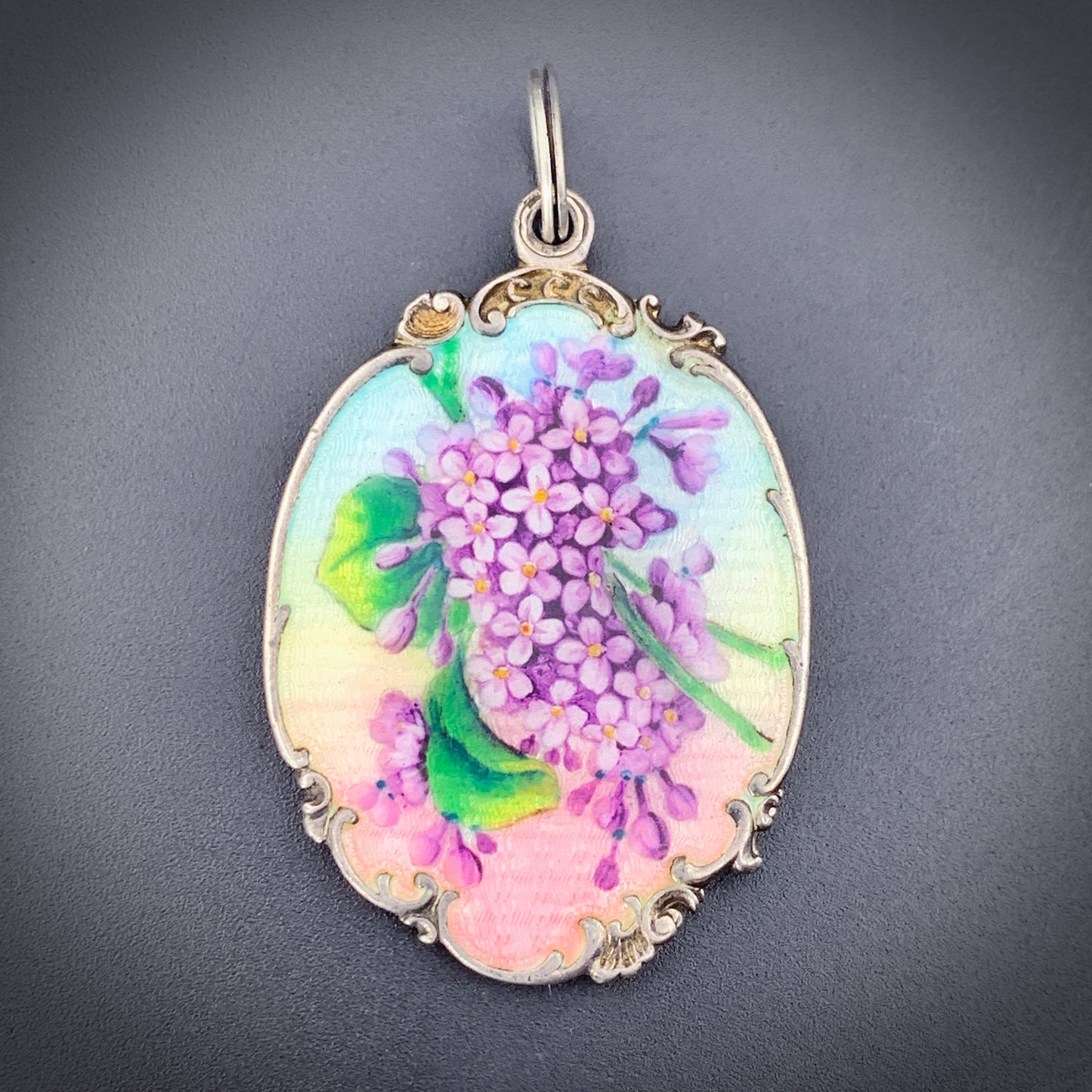 Antique Hand Painted Enamel, Silver & Mirror Locket Lilac Pendant