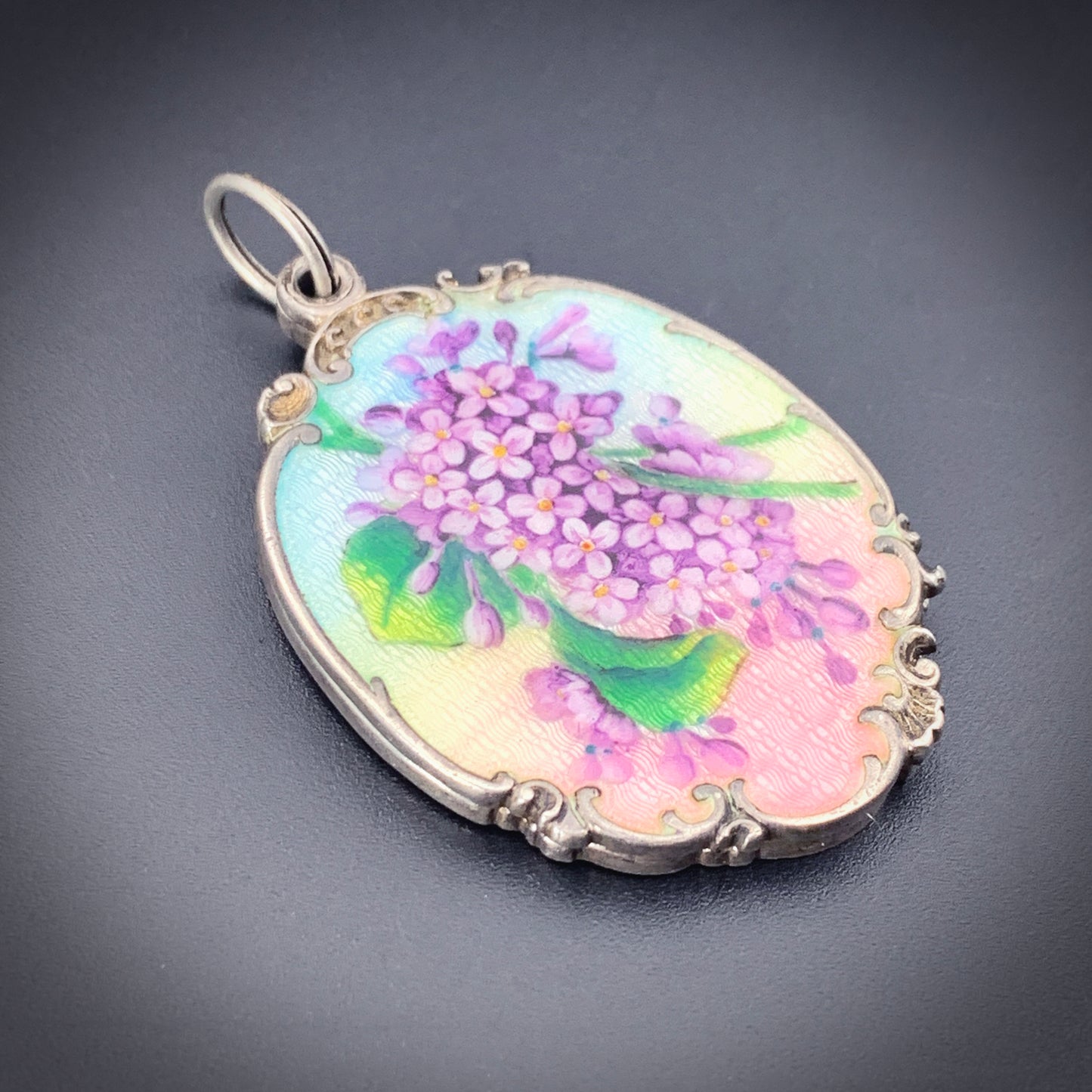 Antique Hand Painted Enamel, Silver & Mirror Locket Lilac Pendant
