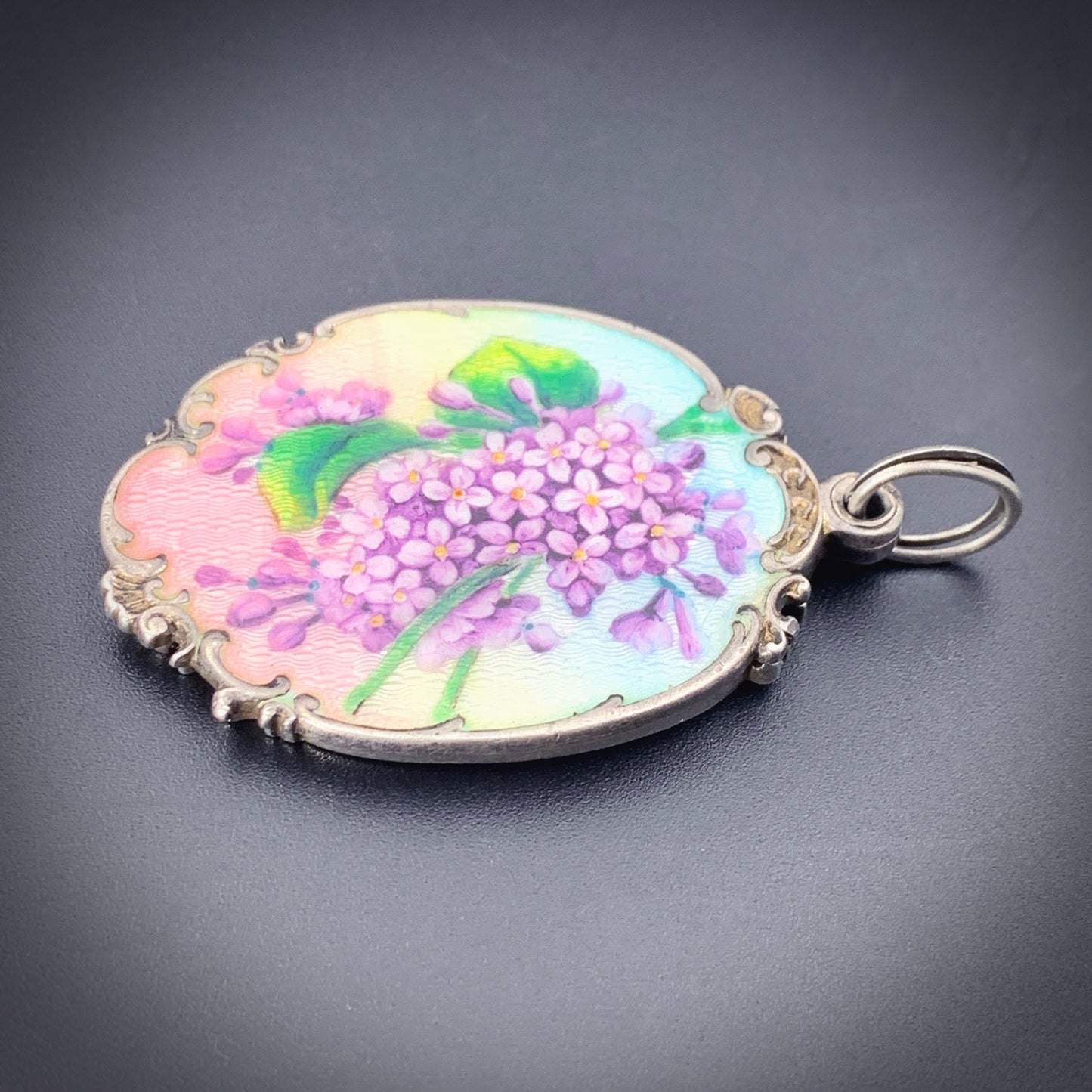 Antique Hand Painted Enamel, Silver & Mirror Locket Lilac Pendant
