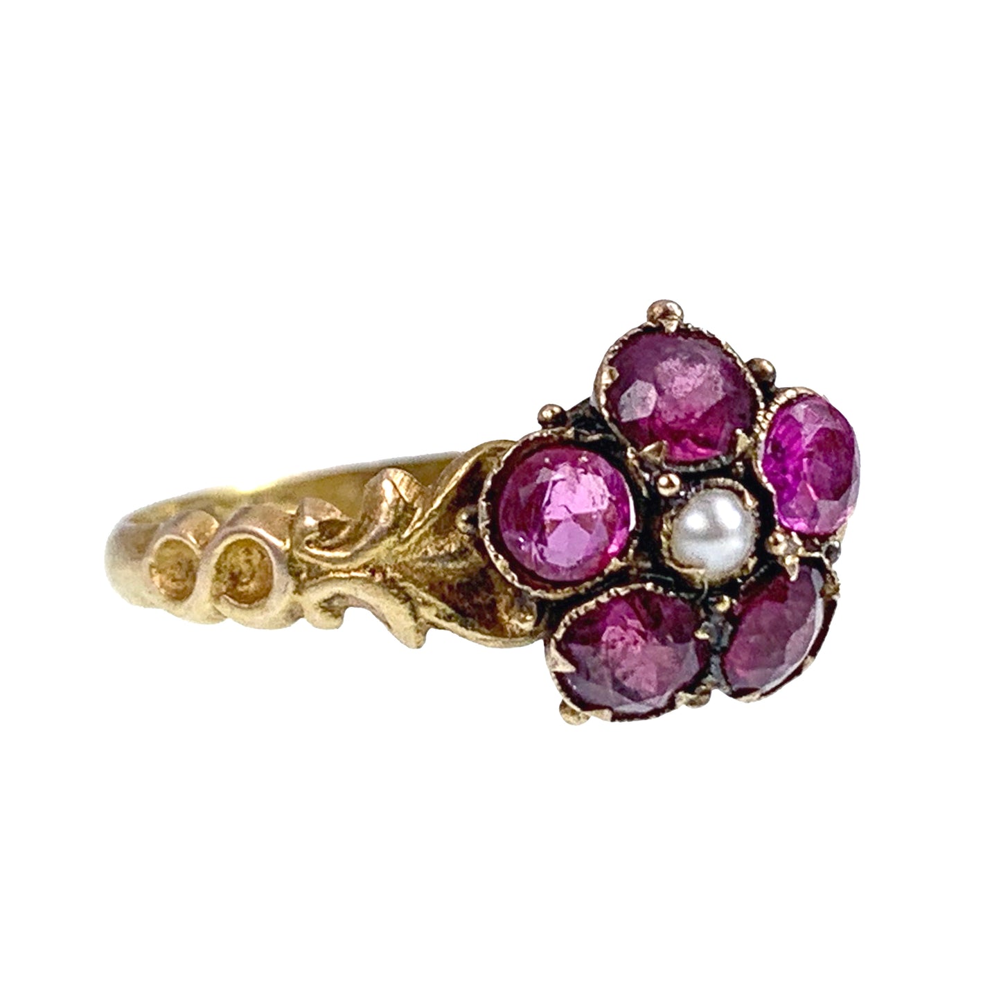 Antique 15K, Tourmaline & Seed Pearl Forget Me Not Ring