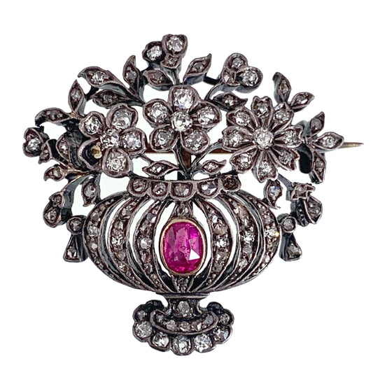 SOLD Antique 14K, Silver, Diamond & Ruby Giardinetti Brooch
