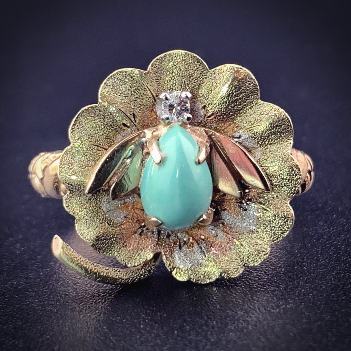 Vintage 14K, 10K, Diamond & Turquoise Insect Conversion Ring