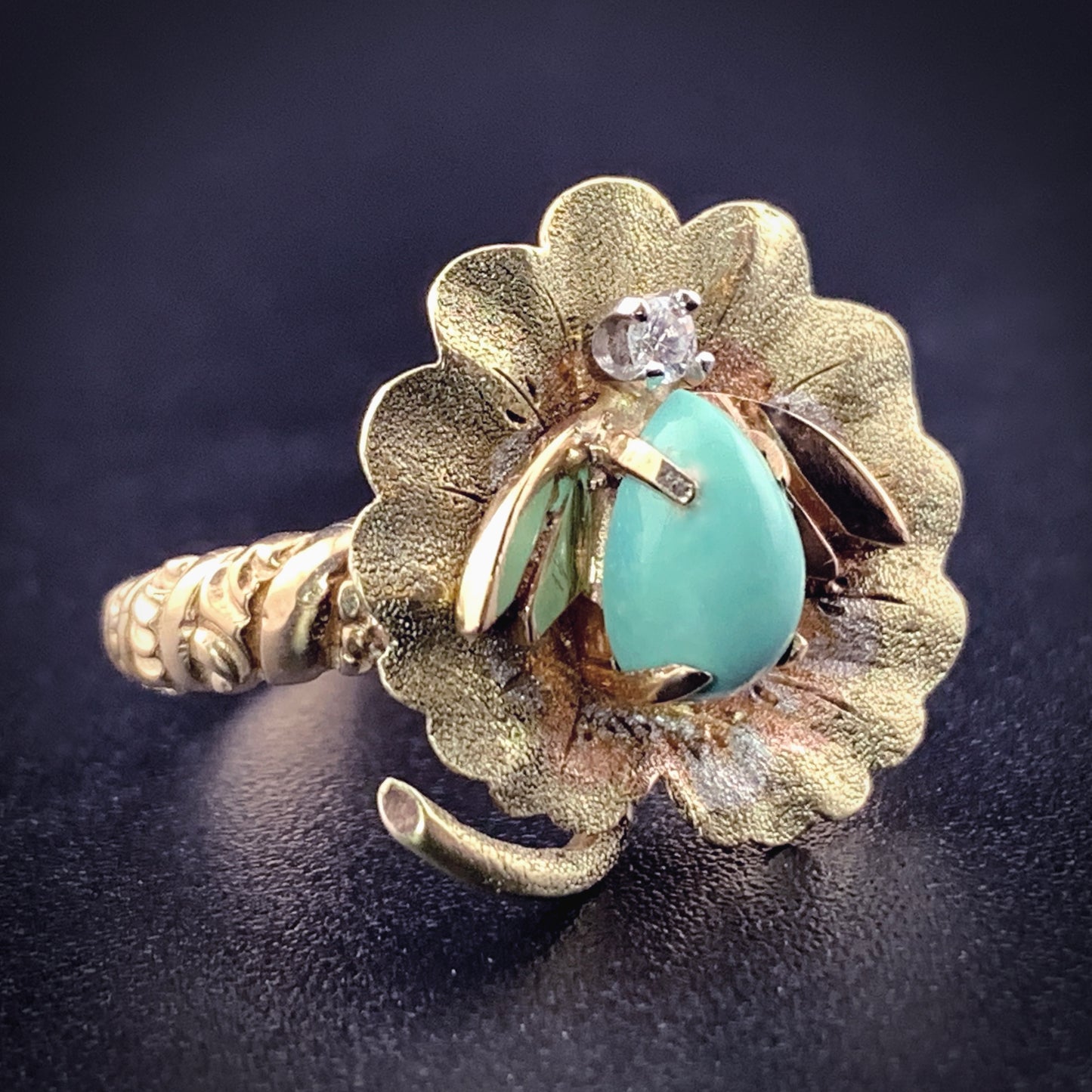Vintage 14K, 10K, Diamond & Turquoise Insect Conversion Ring