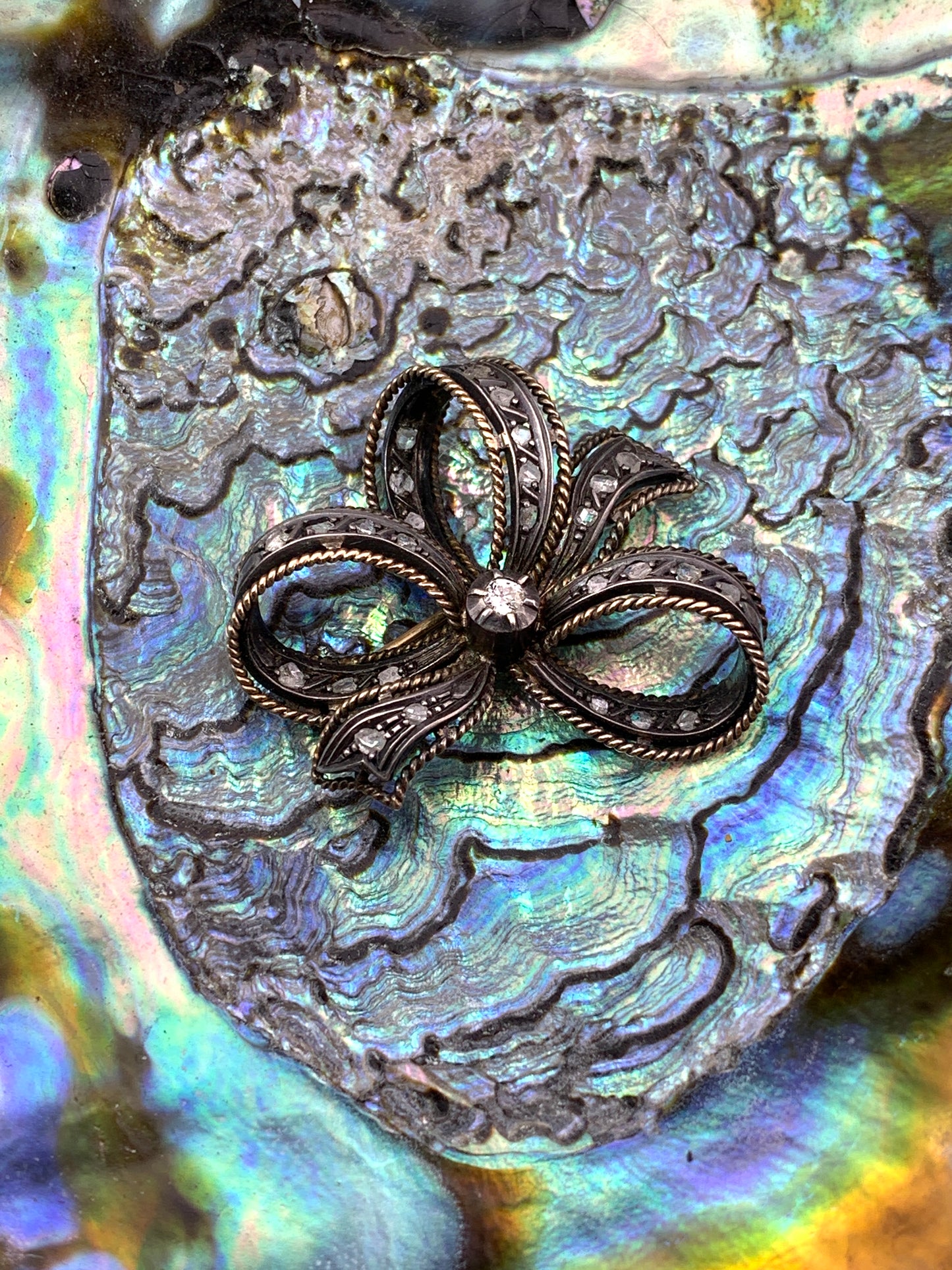Antique 18K, Silver & Diamond Bow Brooch Sevigne