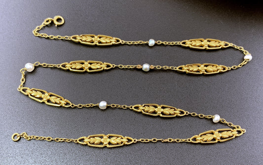 SOLD Antique French 18K & Pearl Station Necklace