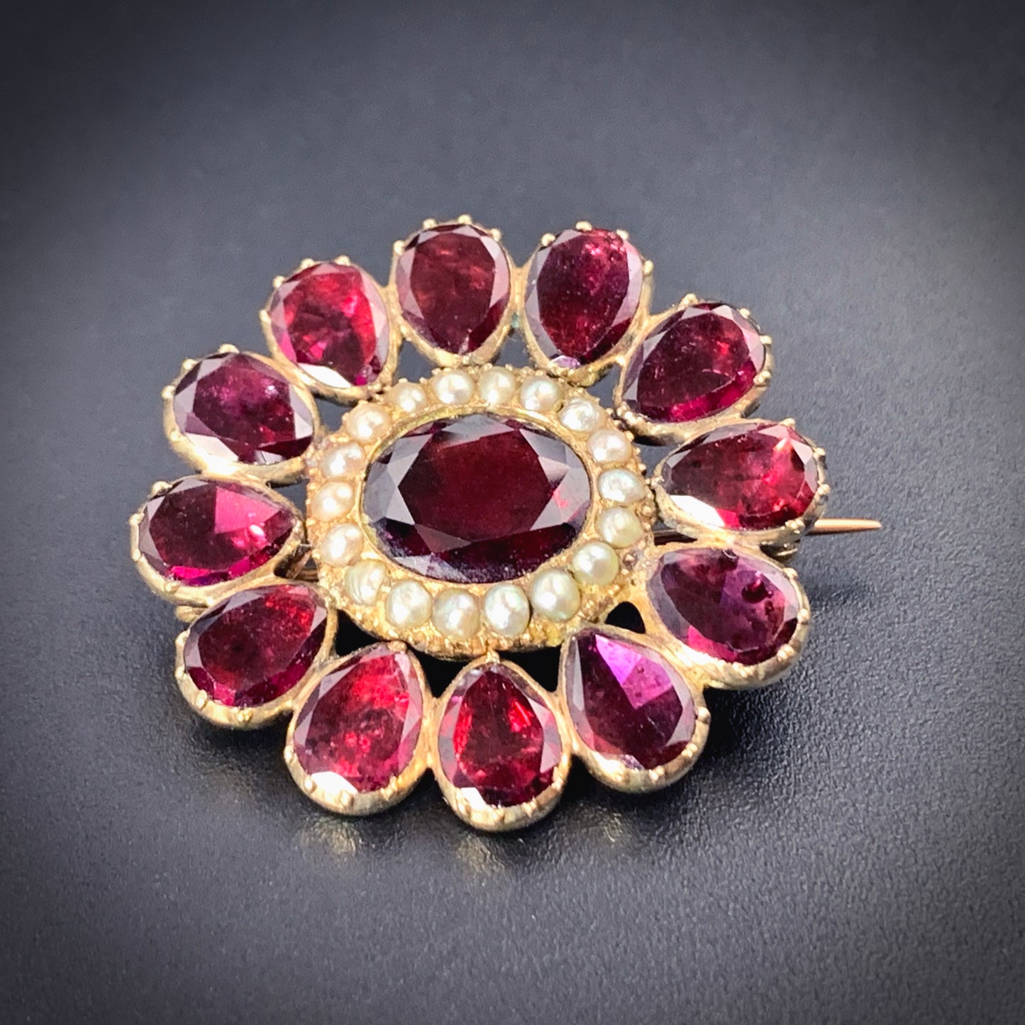 Antique Georgian 18K, Garnet & Seed Pearl Flower Brooch