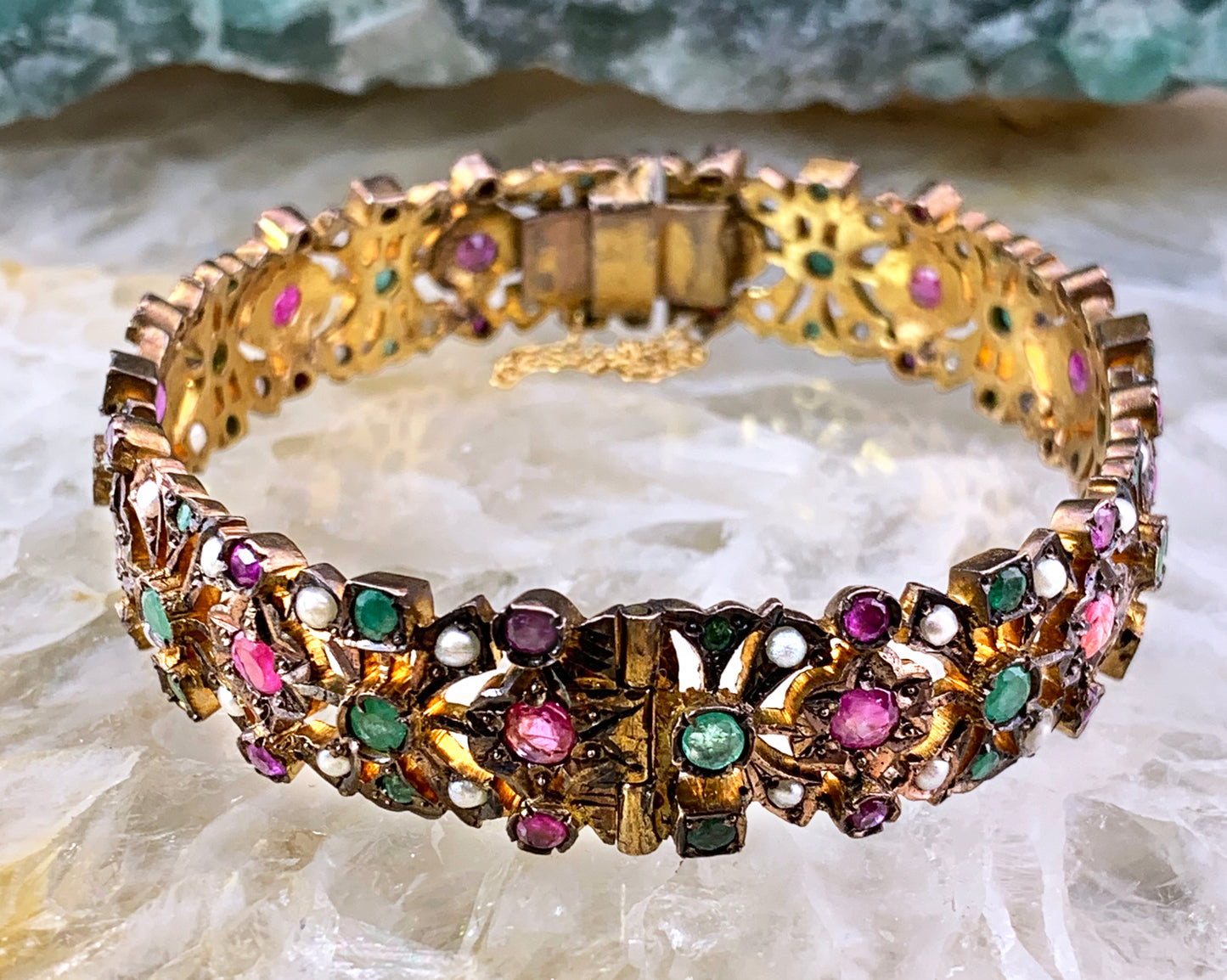 Antique Gilt Silver Ruby, Emerald & Pearl Bracelet