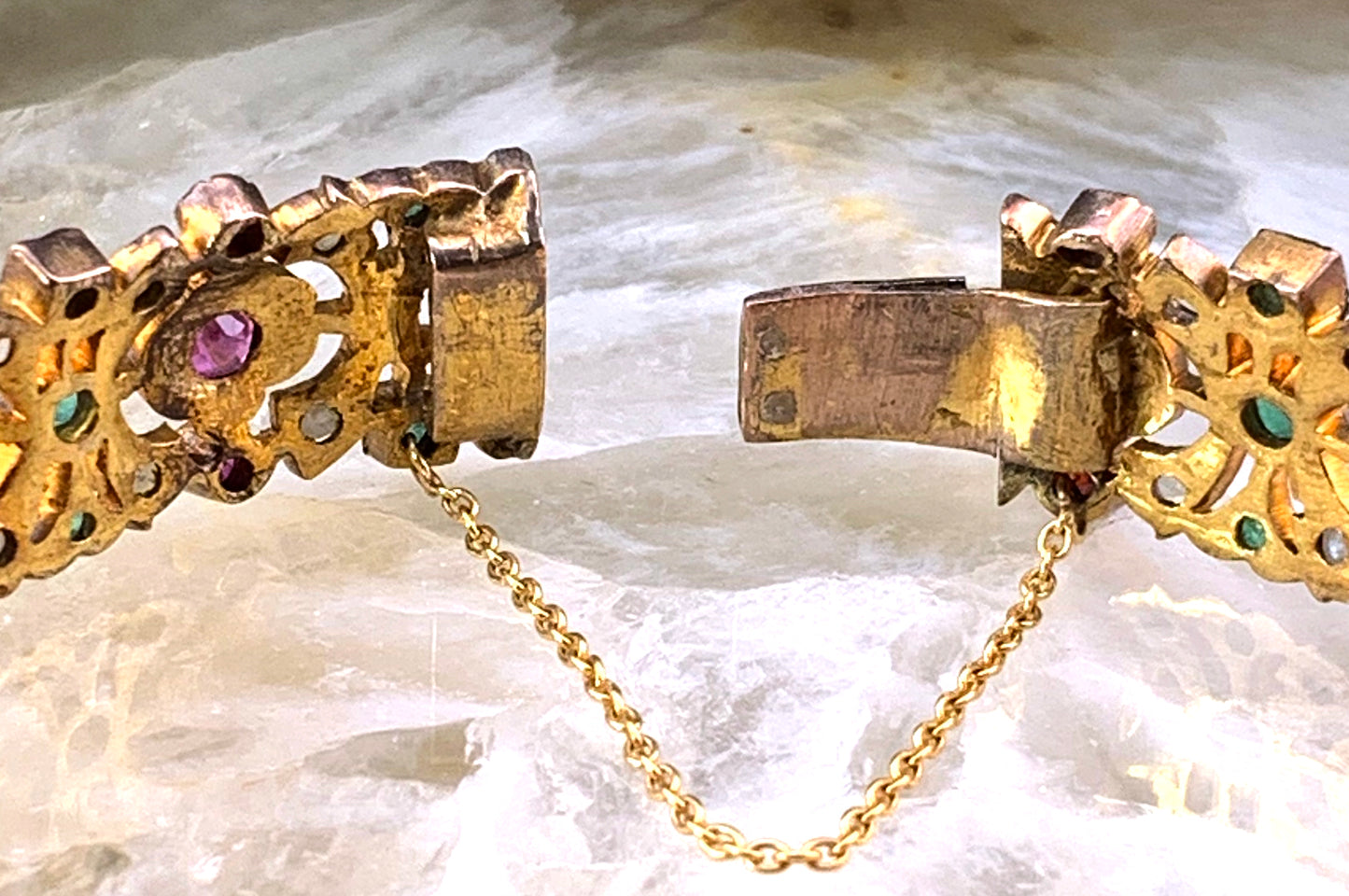 Antique Gilt Silver Ruby, Emerald & Pearl Bracelet