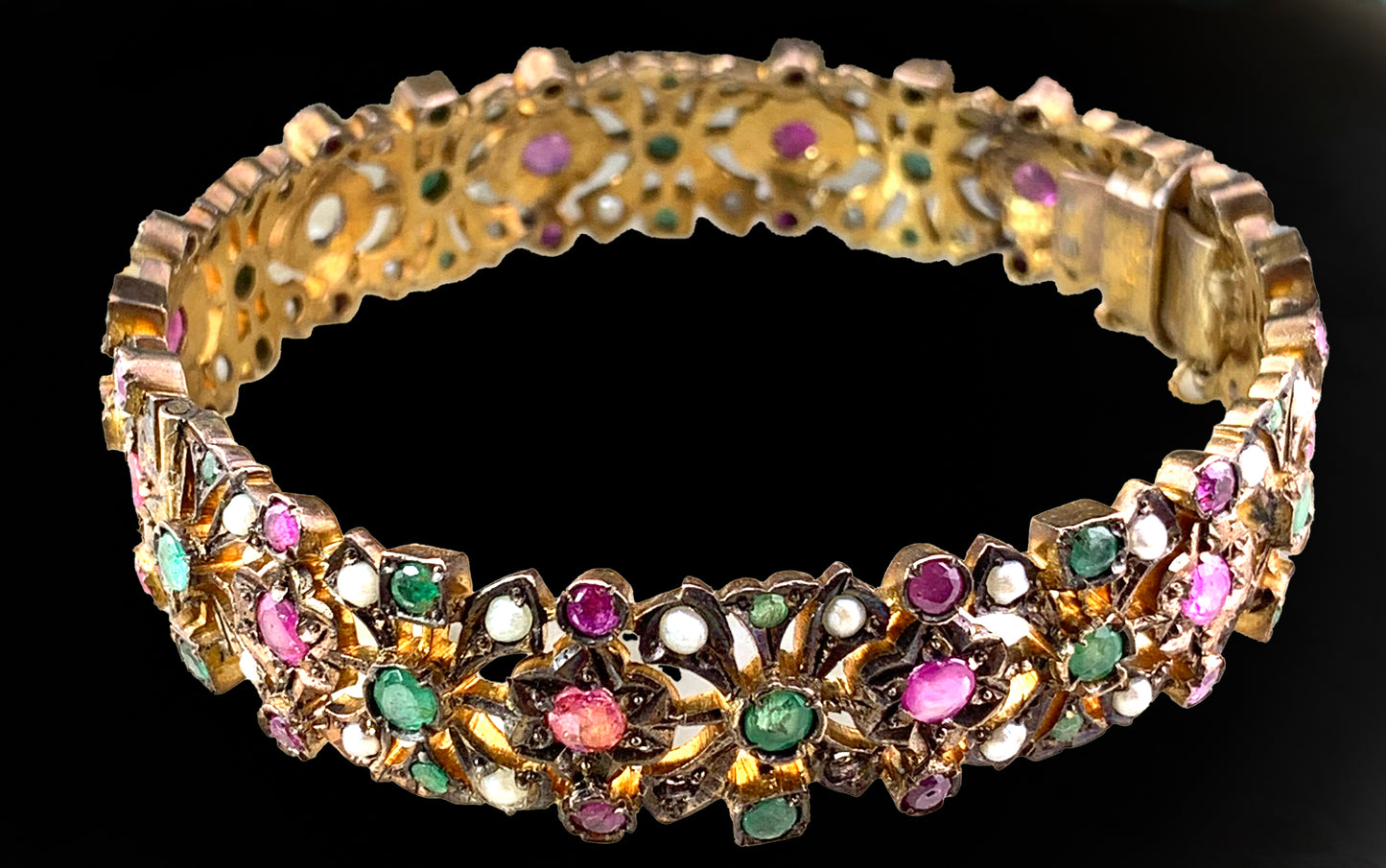 Antique Gilt Silver Ruby, Emerald & Pearl Bracelet