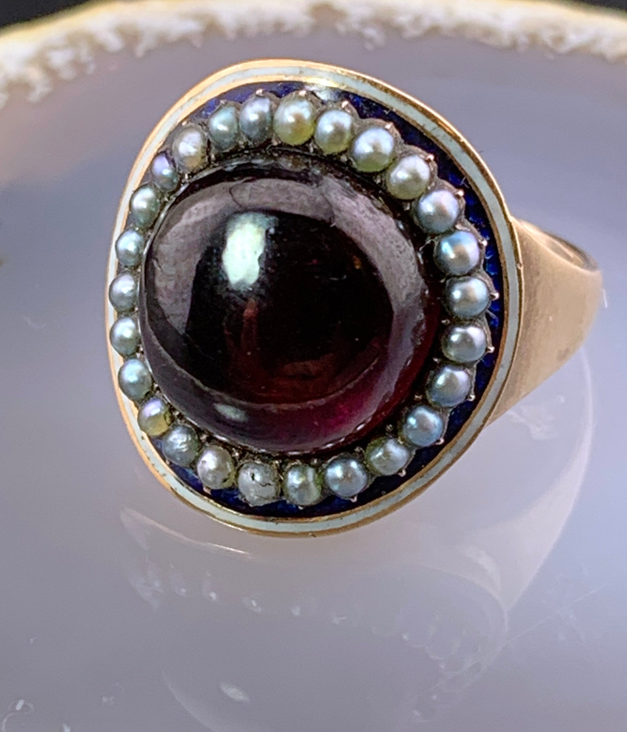 Antique Georgian 18K, Garnet Seed Pearl & Enamel Ring