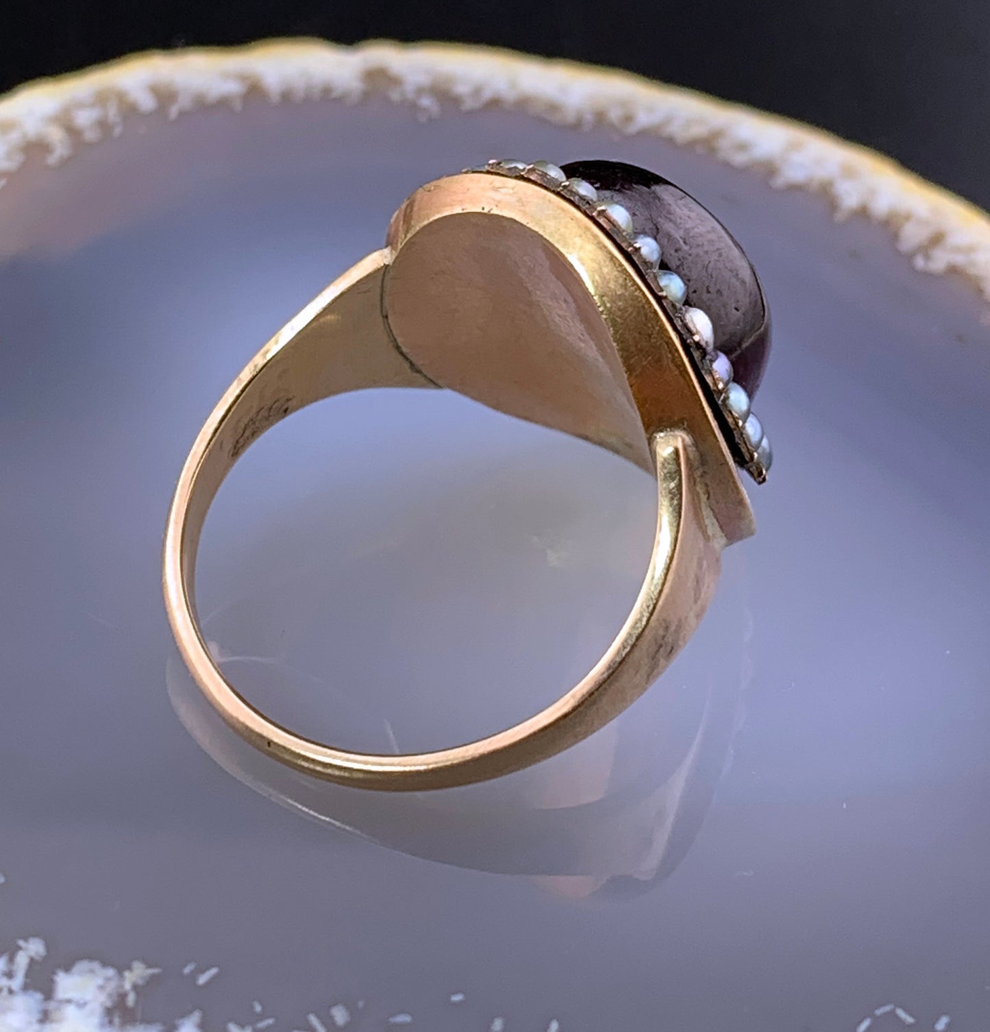 Antique Georgian 18K, Garnet Seed Pearl & Enamel Ring