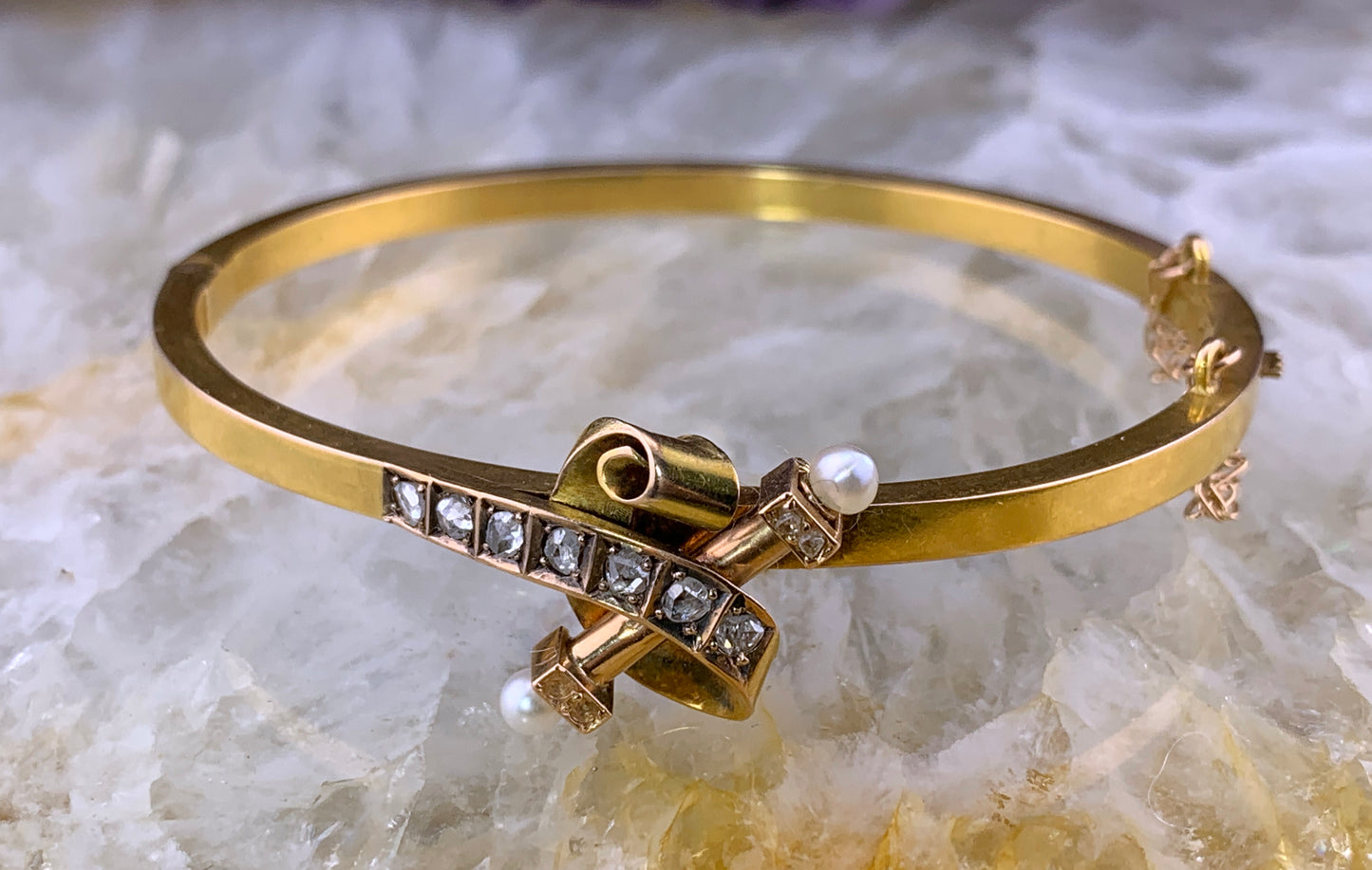 Antique 18K, Diamond & Pearl Bangle Bracelet